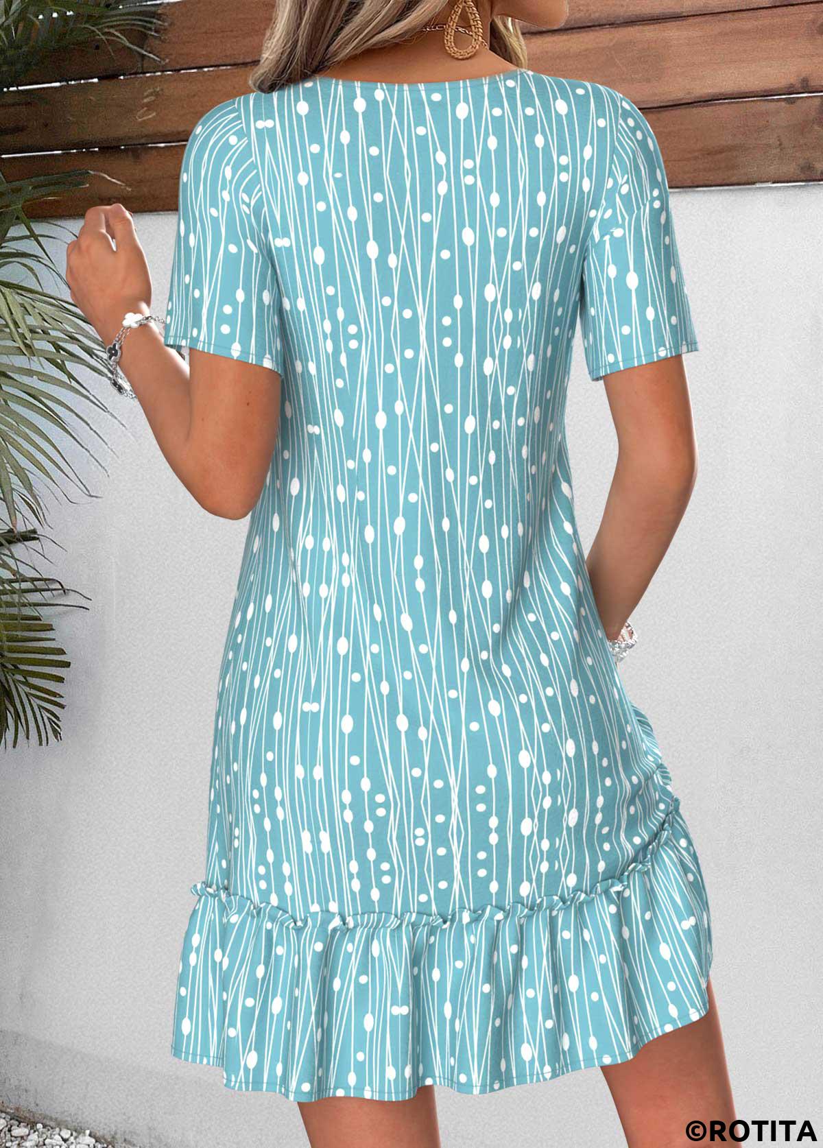Cyan dresses,Geometric dresses,Everyday dresses,Casual dresses,ROTITA Cyan Geometric Print Shirred Short V Neck Dress