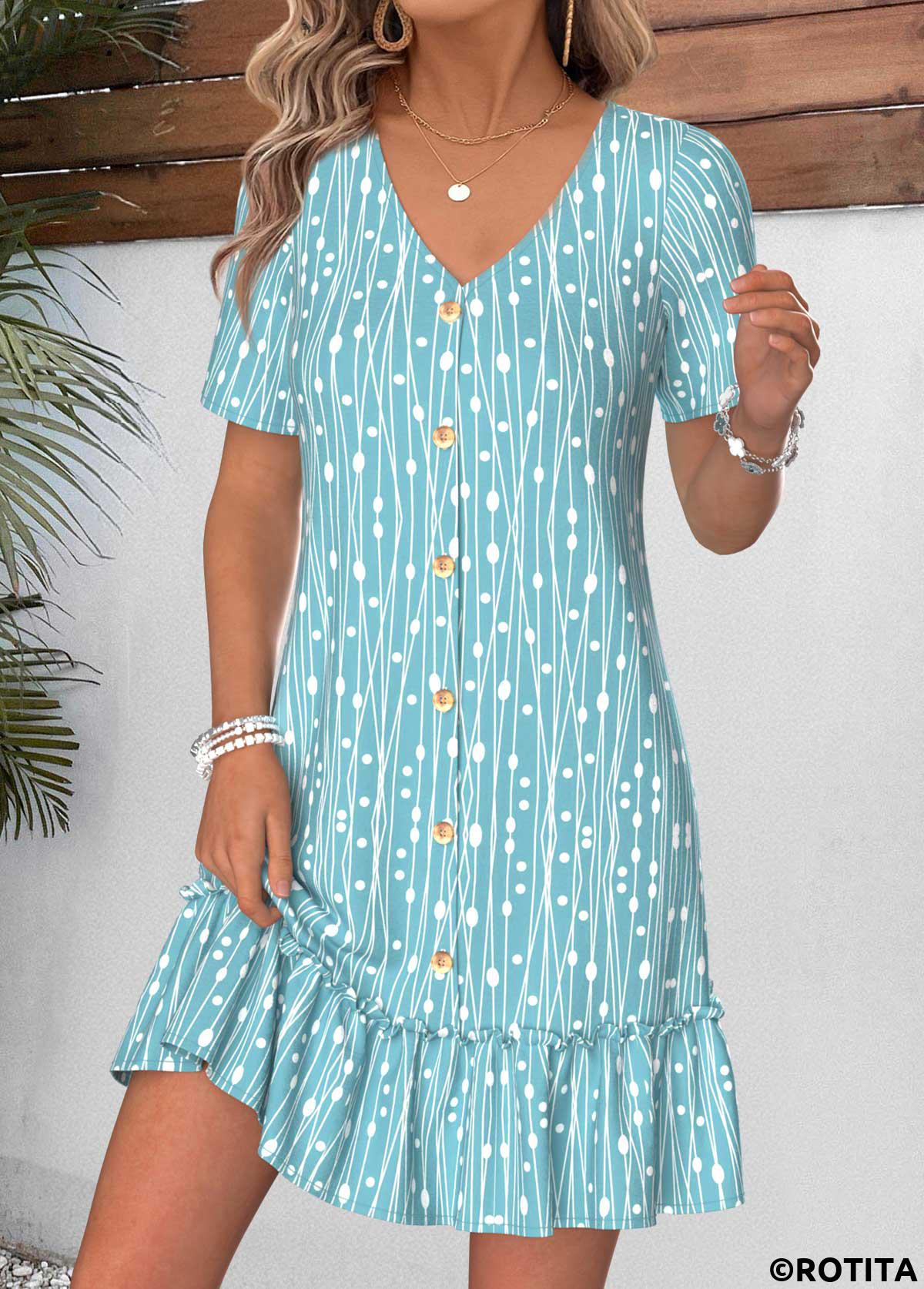 Cyan dresses,Geometric dresses,Everyday dresses,Casual dresses,ROTITA Cyan Geometric Print Shirred Short V Neck Dress