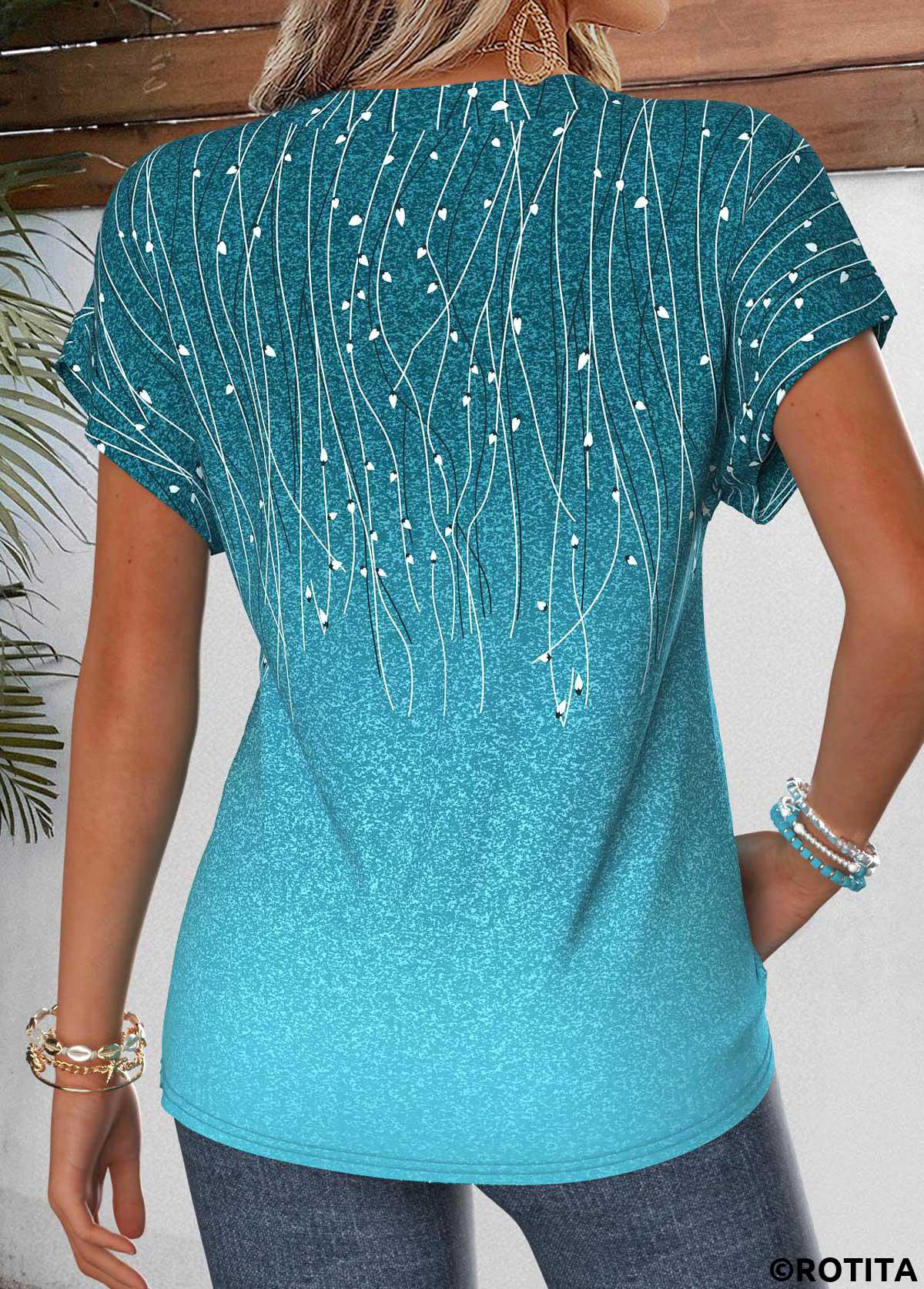 Cyan tops,Plants tops,ROTITA Patchwork Leaf Print Cyan Split Neck Short Sleeve Blouse