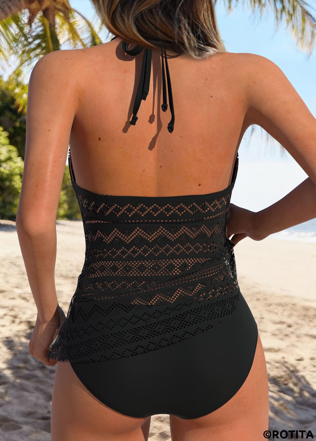 Black swimwear,Plain Color swimwear,ROTITA Black V Neck Mid Waisted Tankini Set
