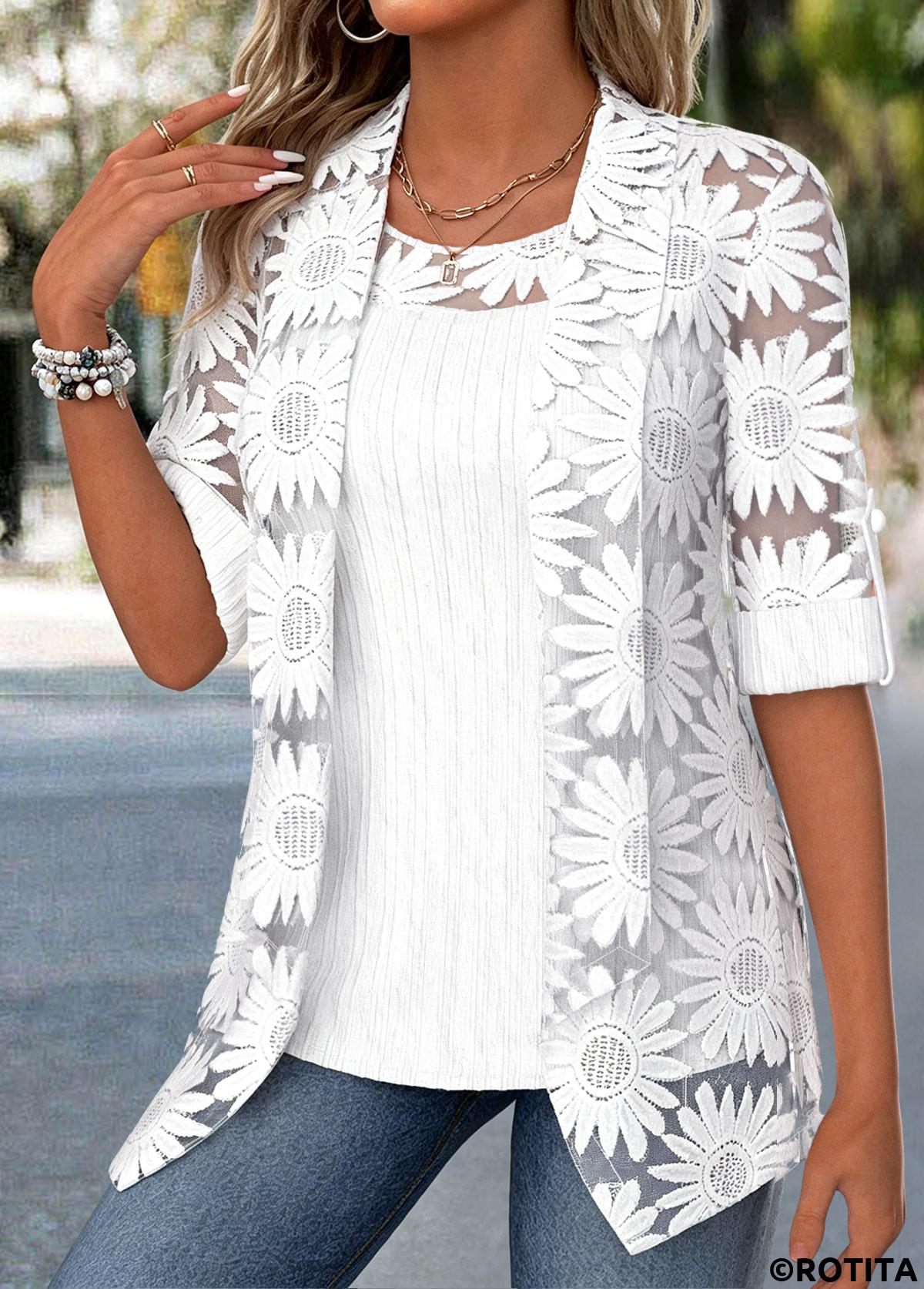 White tops,Plain Color tops,ROTITA Two-piece White Round Neck Cardigan and Tank Top