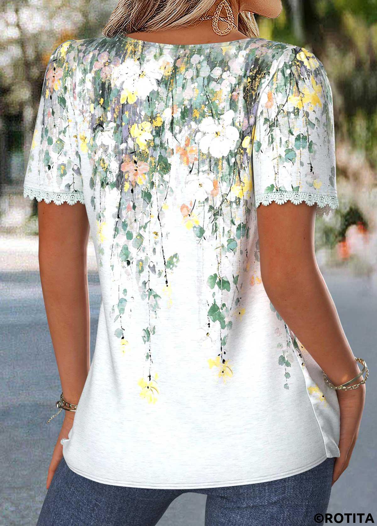 Multi Color tops,Floral tops,Plants tops,ROTITA Pleated Floral Print Multi Color Square Neck Blouse