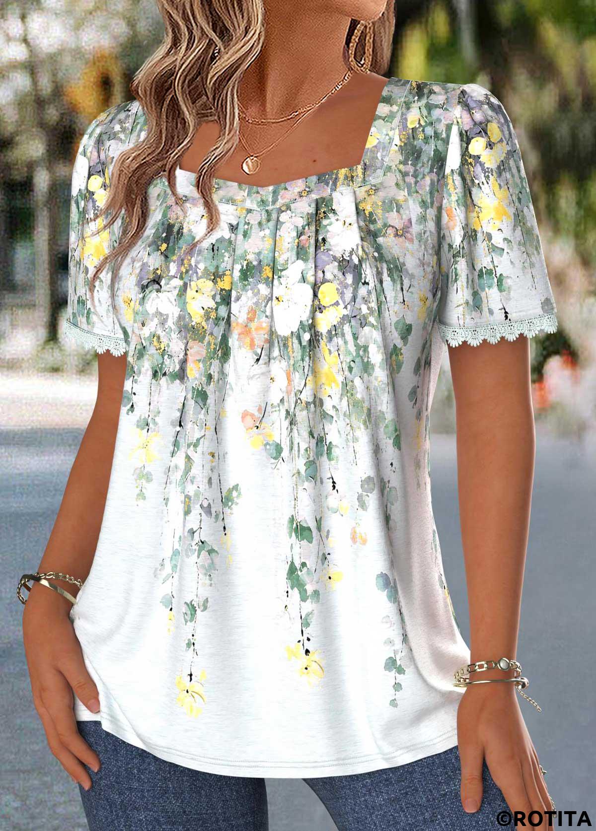 Multi Color tops,Floral tops,Plants tops,ROTITA Pleated Floral Print Multi Color Square Neck Blouse