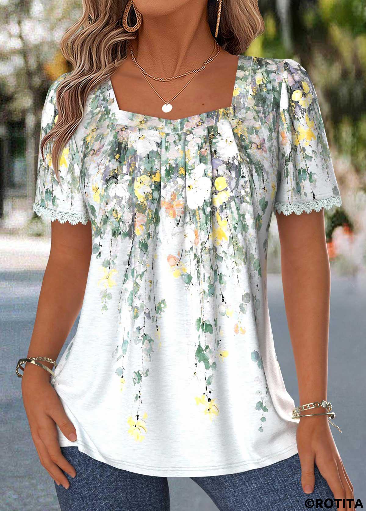 Multi Color tops,Floral tops,Plants tops,ROTITA Pleated Floral Print Multi Color Square Neck Blouse