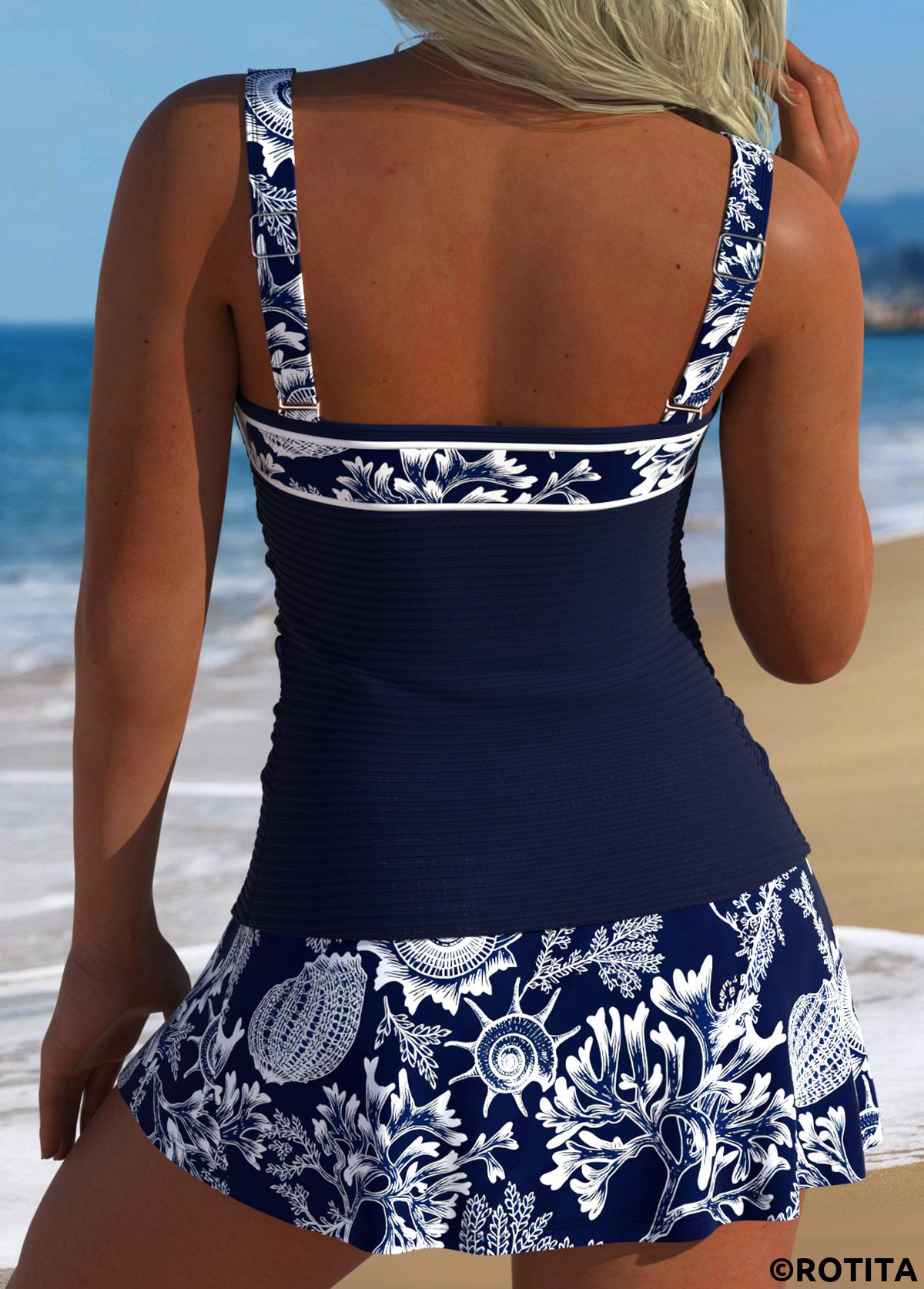 Navy swimwear,Animal Print swimwear,ROTITA Navy Tie Marine Life Print Mid Waisted Tankini Set