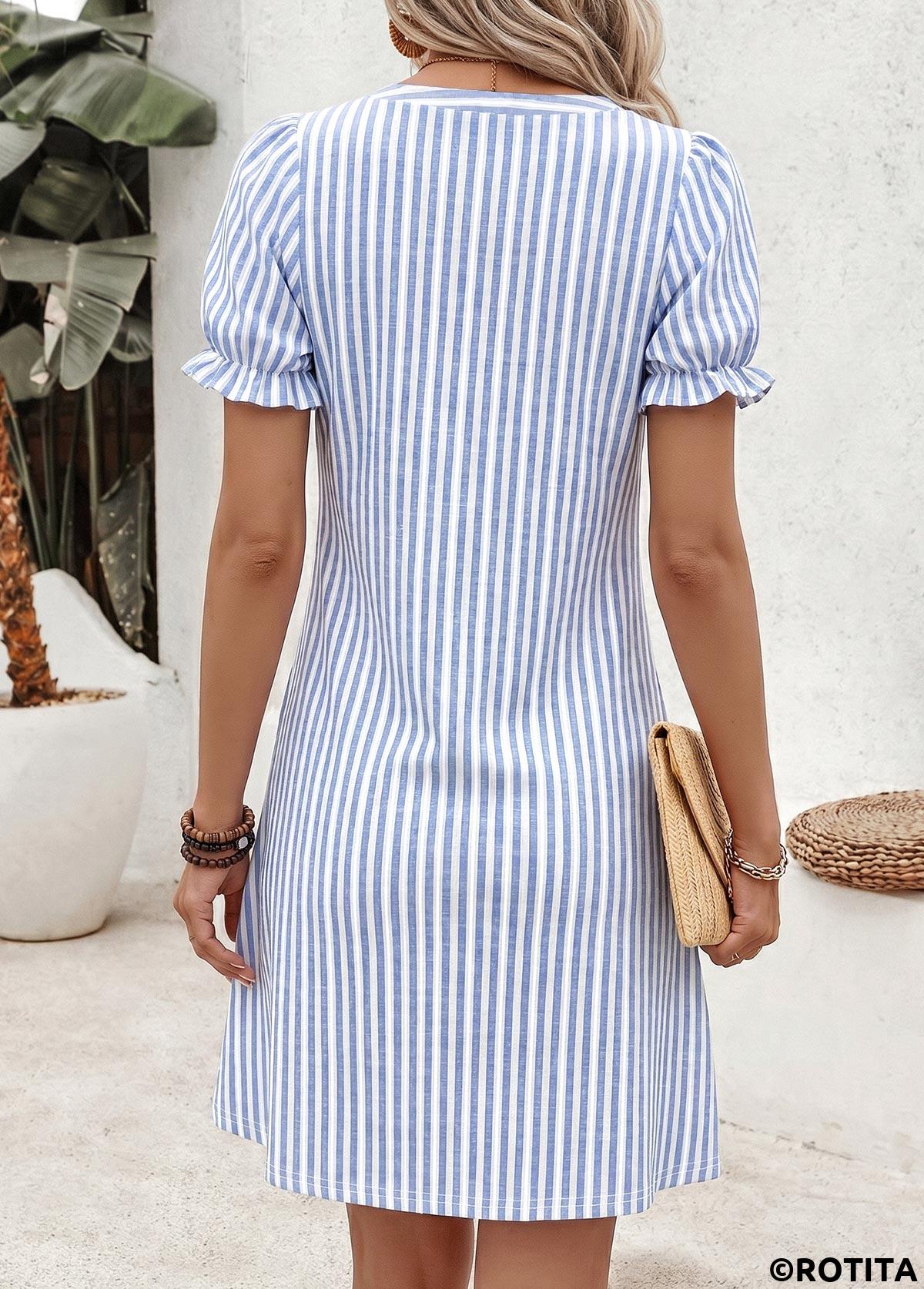 Blue dresses,Striped dresses,Geometric dresses,Everyday dresses,Casual dresses,ROTITA Blue Striped Double Side Pockets Short Split Neck Dress