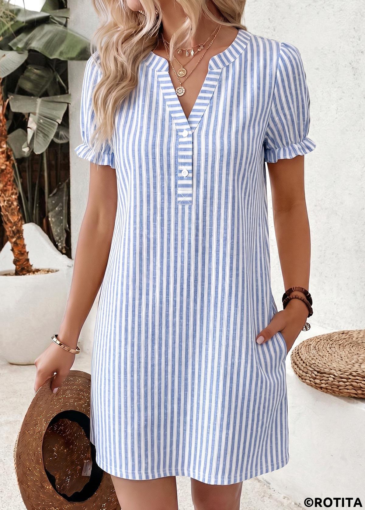 Blue dresses,Striped dresses,Geometric dresses,Everyday dresses,Casual dresses,ROTITA Blue Striped Double Side Pockets Short Split Neck Dress