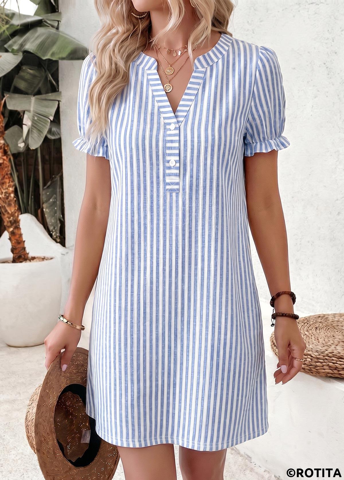 Blue dresses,Striped dresses,Geometric dresses,Everyday dresses,Casual dresses,ROTITA Blue Striped Double Side Pockets Short Split Neck Dress