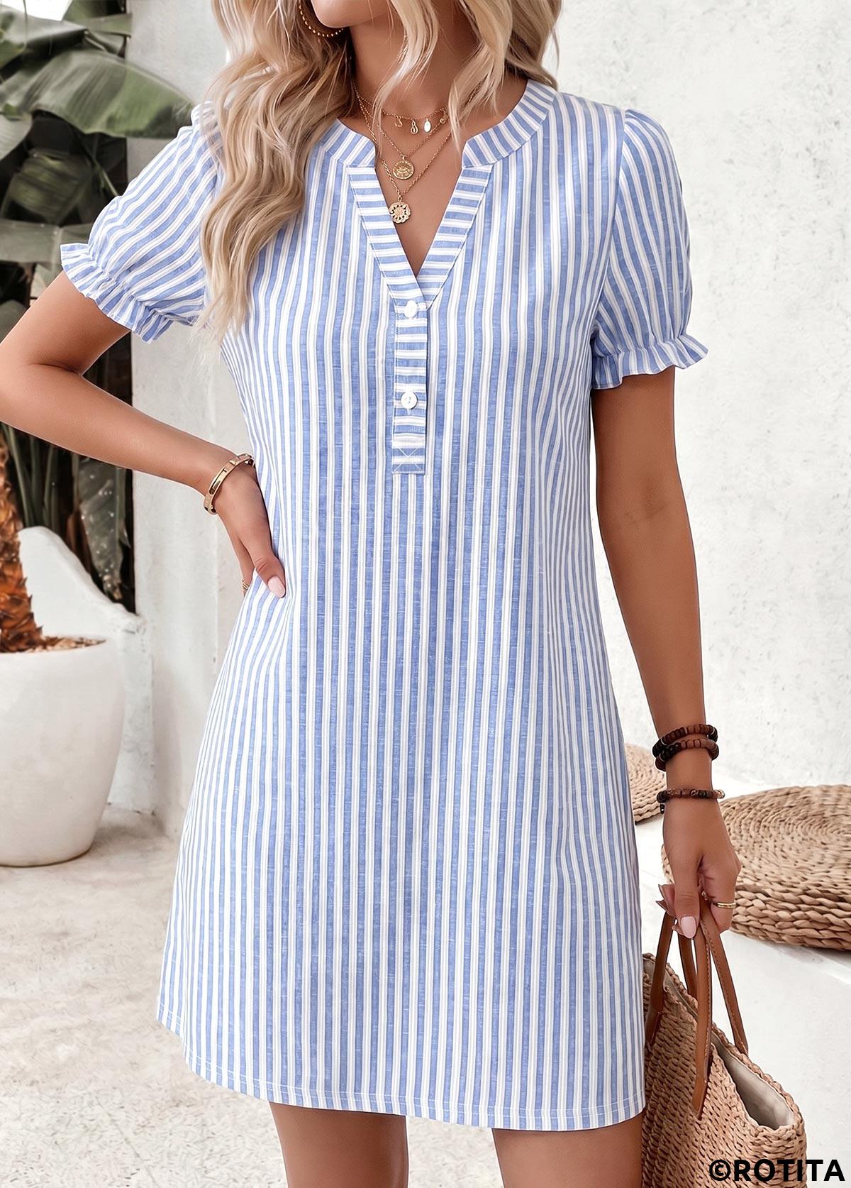 Blue dresses,Striped dresses,Geometric dresses,Everyday dresses,Casual dresses,ROTITA Blue Striped Double Side Pockets Short Split Neck Dress