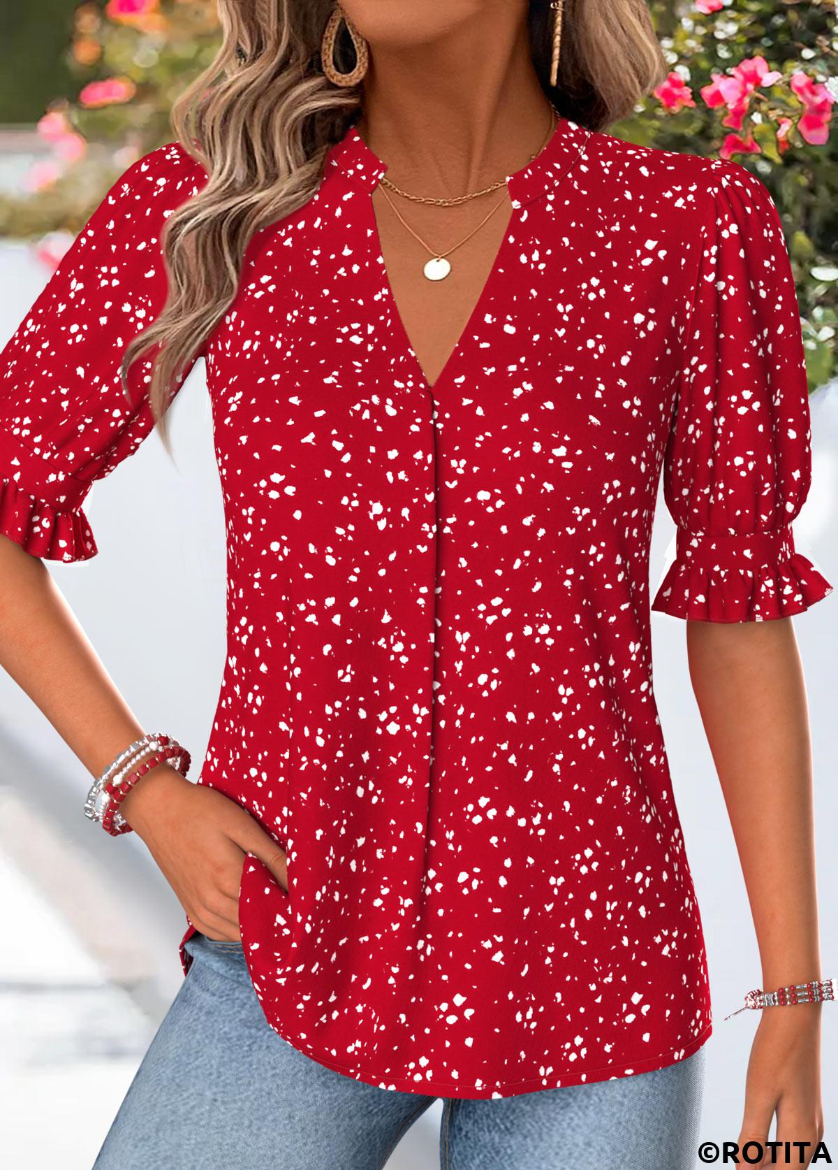 Red tops,Geometric tops,ROTITA Shirred Geometric Print Red Split Neck Half Sleeve Blouse