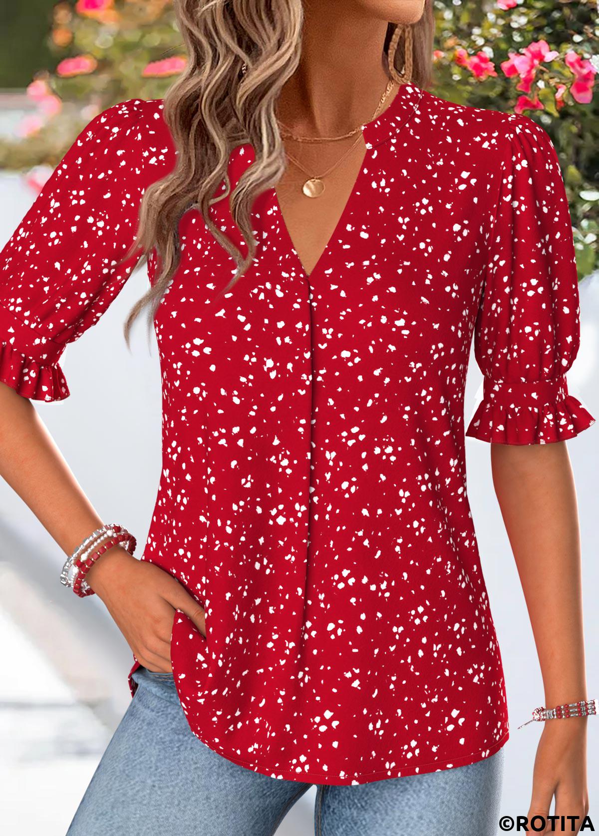 Red tops,Geometric tops,ROTITA Shirred Geometric Print Red Split Neck Half Sleeve Blouse