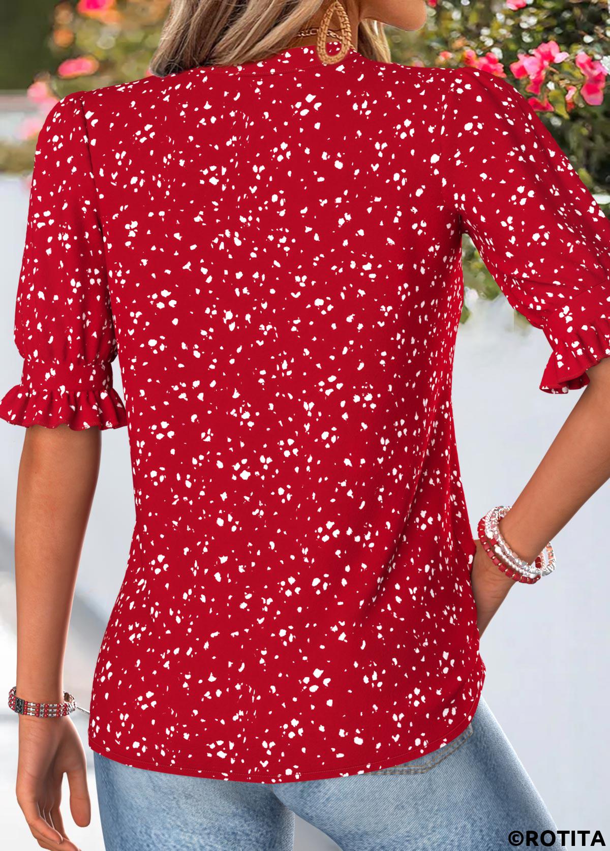 Red tops,Geometric tops,ROTITA Shirred Geometric Print Red Split Neck Half Sleeve Blouse