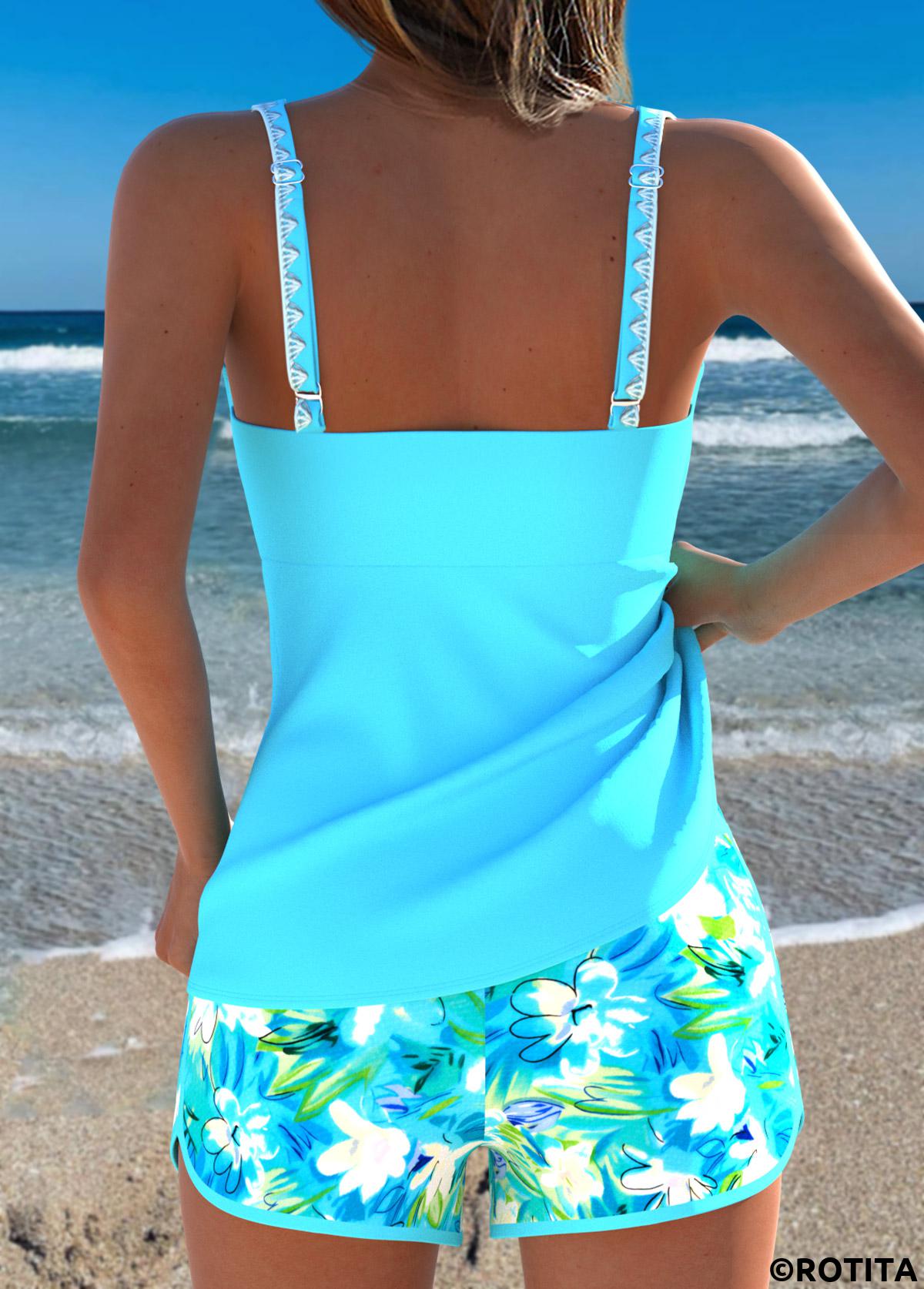 Blue swimwear,Floral swimwear,Plants swimwear,ROTITA Blue Two-piece Floral Print Mid Waisted Tankini Set