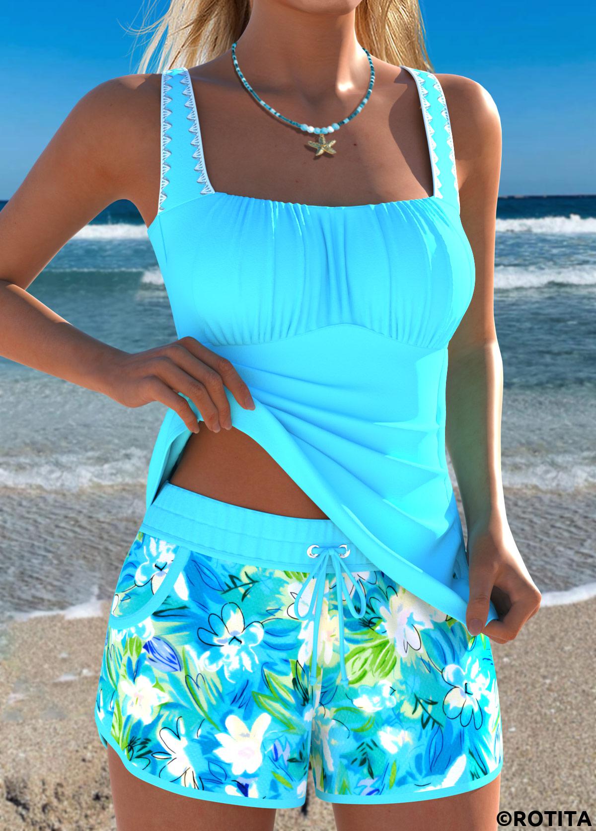Blue swimwear,Floral swimwear,Plants swimwear,ROTITA Blue Two-piece Floral Print Mid Waisted Tankini Set