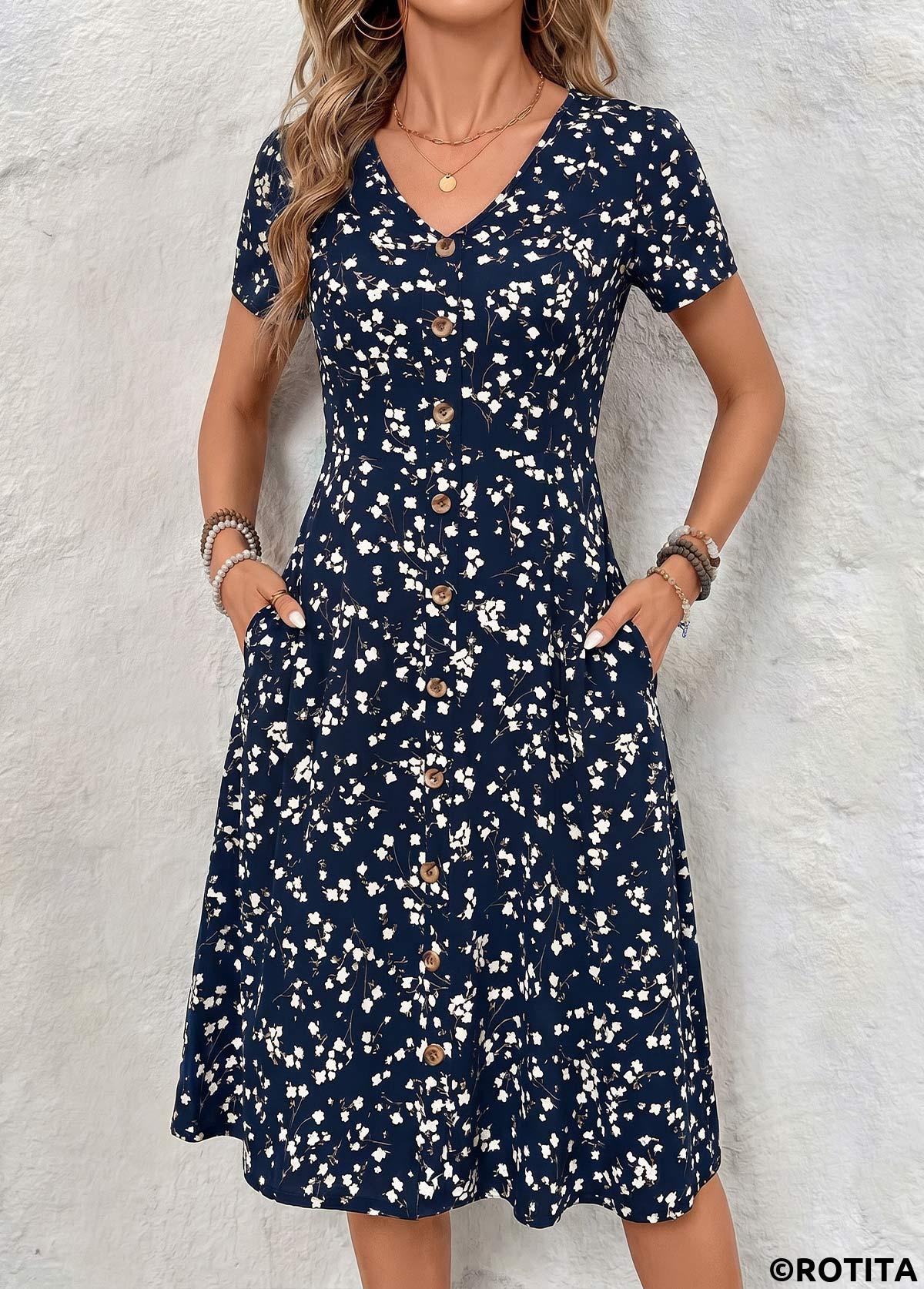 Navy dresses,Floral dresses,Plants dresses,Everyday dresses,Casual dresses,ROTITA Navy Floral Print Tummy Coverage V Neck Dress