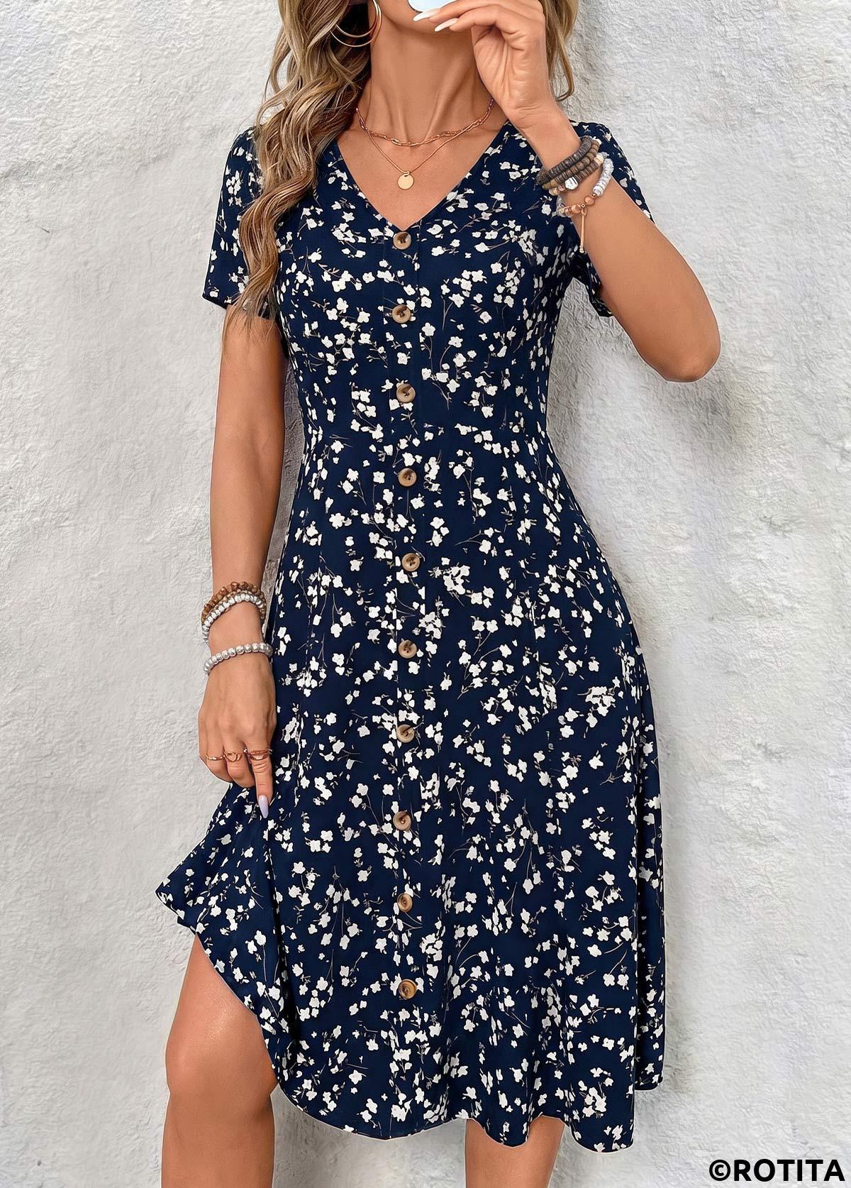 Navy dresses,Floral dresses,Plants dresses,Everyday dresses,Casual dresses,ROTITA Navy Floral Print Tummy Coverage V Neck Dress