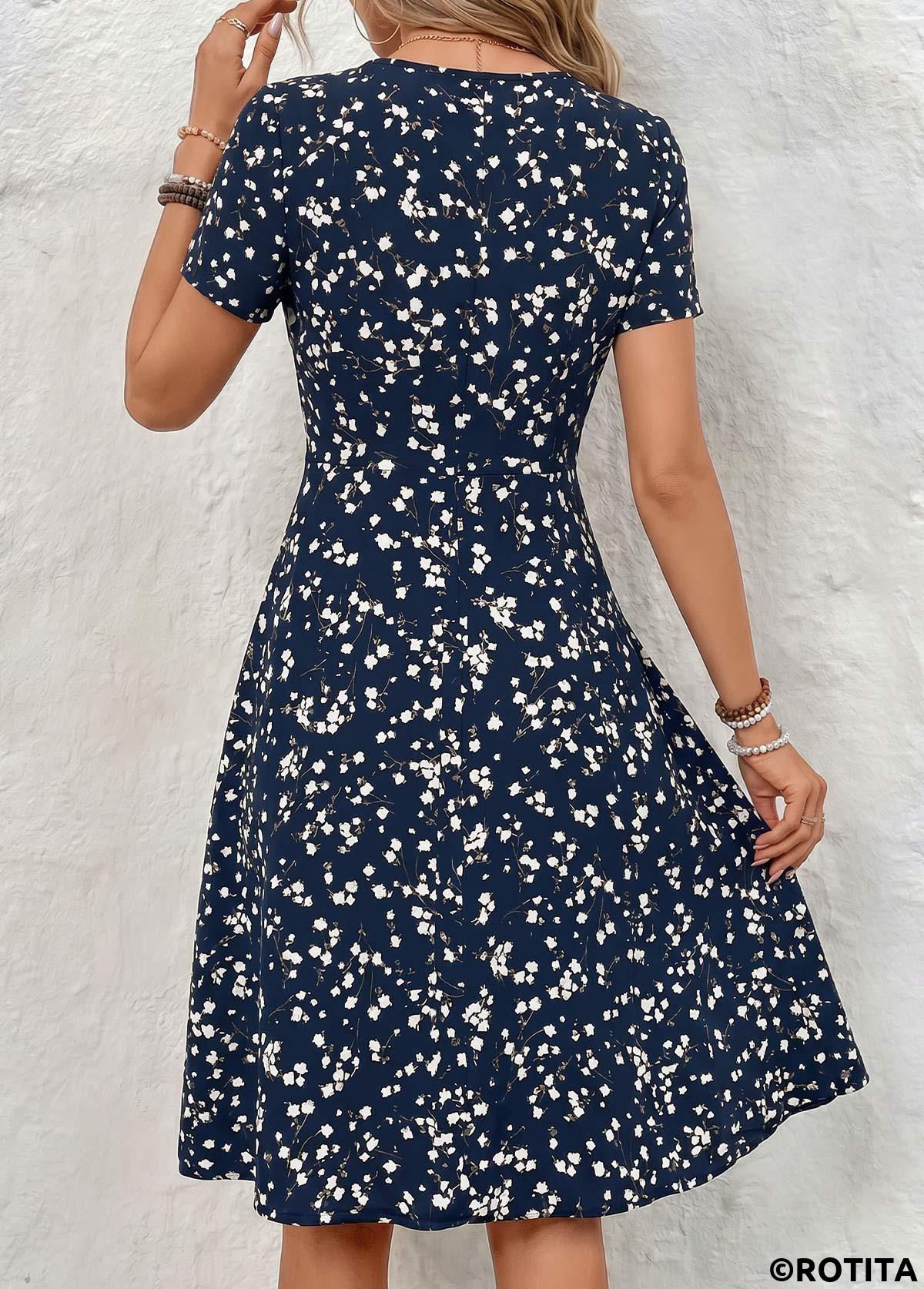 Navy dresses,Floral dresses,Plants dresses,Everyday dresses,Casual dresses,ROTITA Navy Floral Print Tummy Coverage V Neck Dress