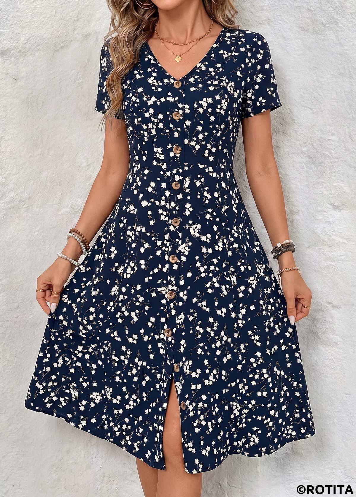 Navy dresses,Floral dresses,Plants dresses,Everyday dresses,Casual dresses,ROTITA Navy Floral Print Tummy Coverage V Neck Dress