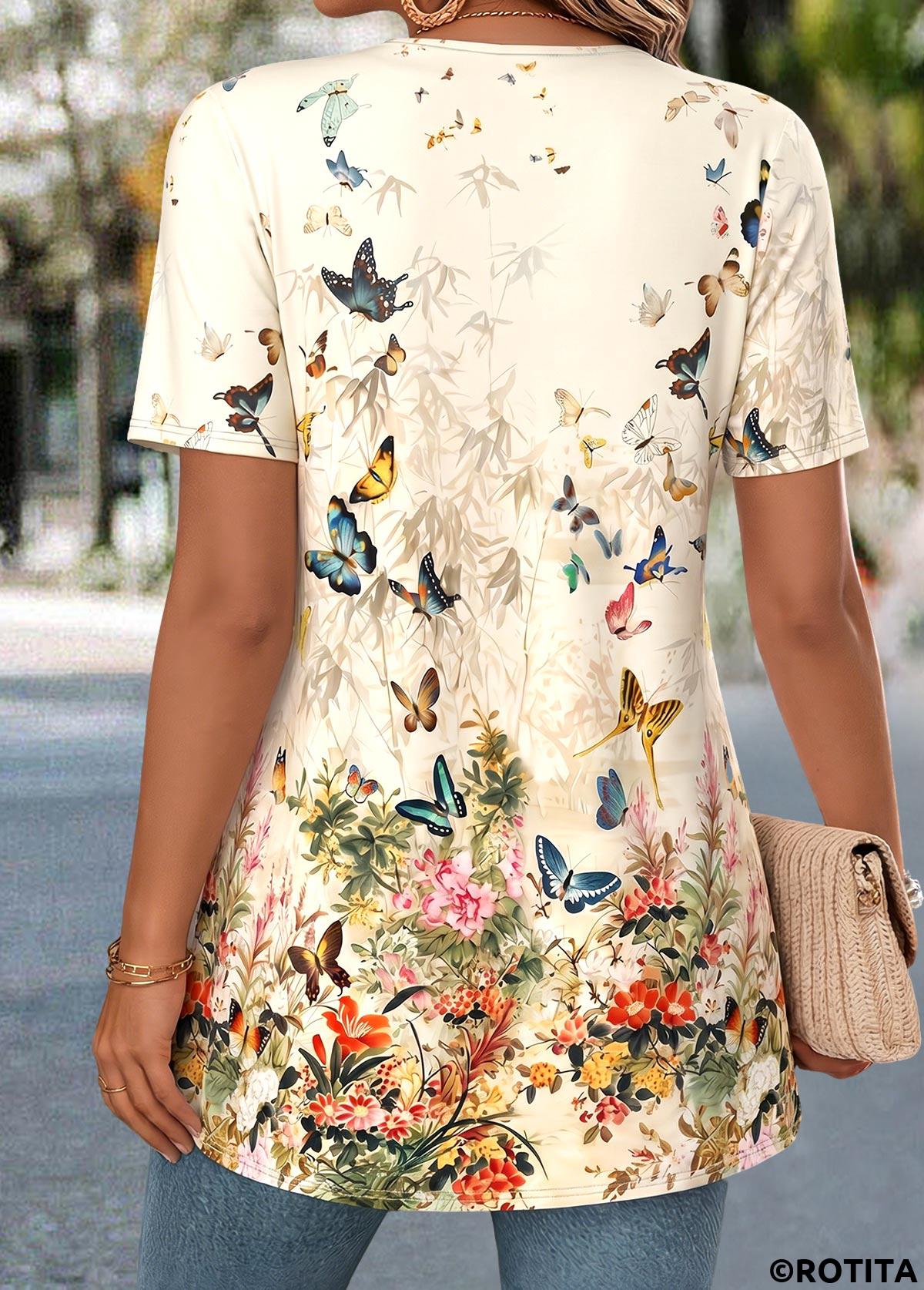 Light Yellow tops,Floral tops,Plants tops,ROTITA Floral Print Light Yellow Fake Two Piece Twinset