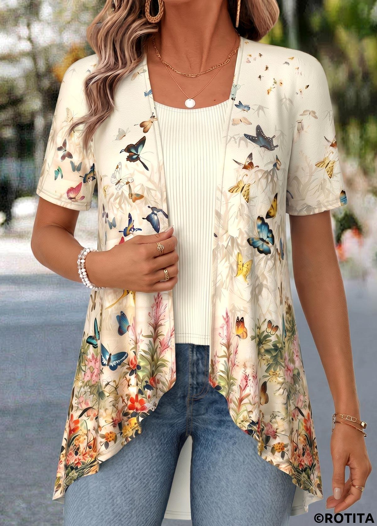 Light Yellow tops,Floral tops,Plants tops,ROTITA Floral Print Light Yellow Fake Two Piece Twinset
