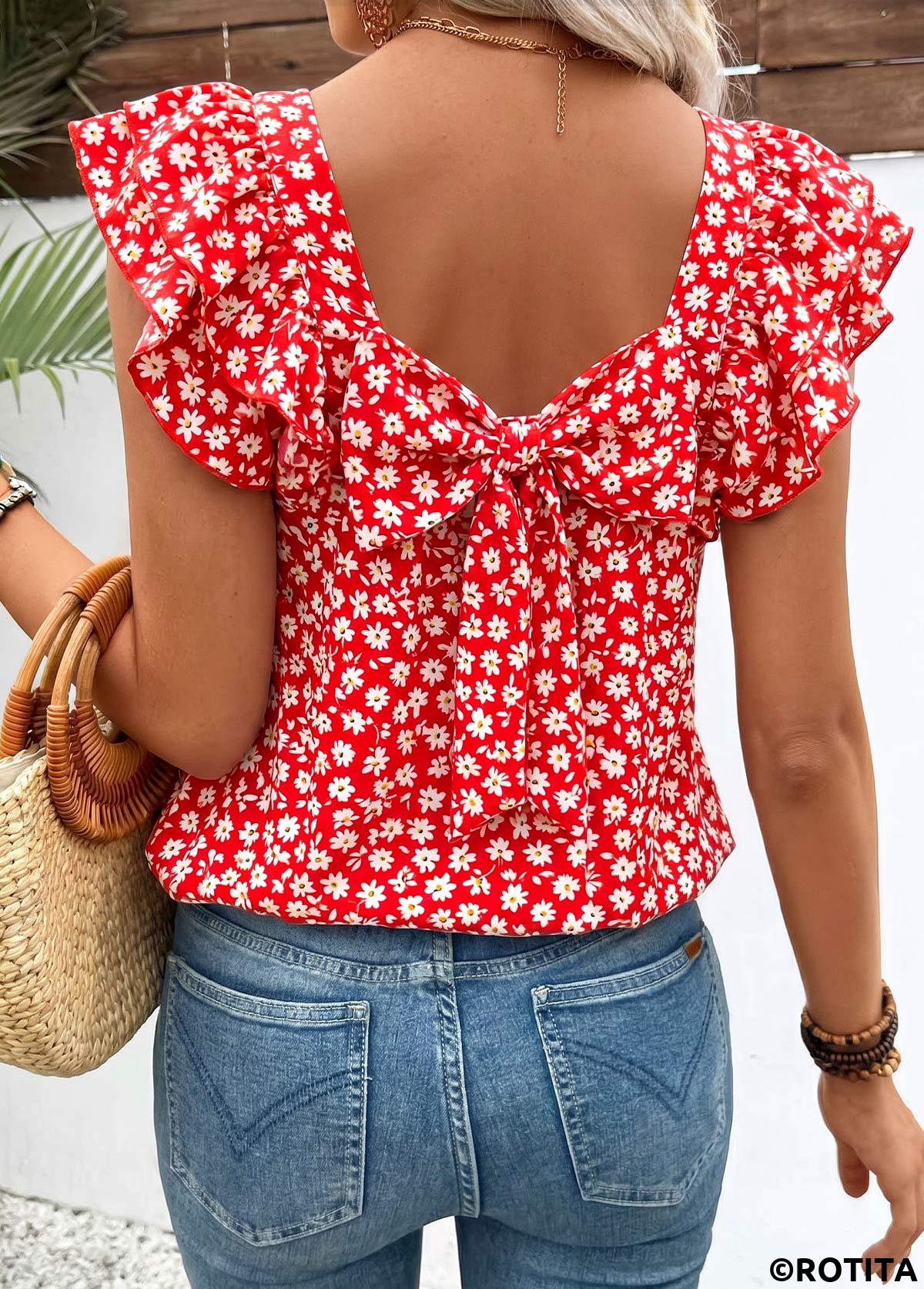 Red tops,Ditsy Floral tops,ROTITA Bowknot Ditsy Floral Print Red Square Neck T Shirt