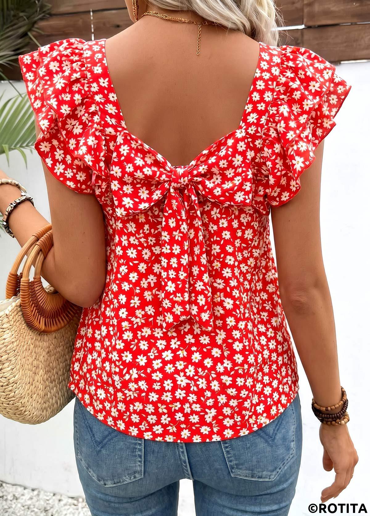 Red tops,Ditsy Floral tops,ROTITA Bowknot Ditsy Floral Print Red Square Neck T Shirt