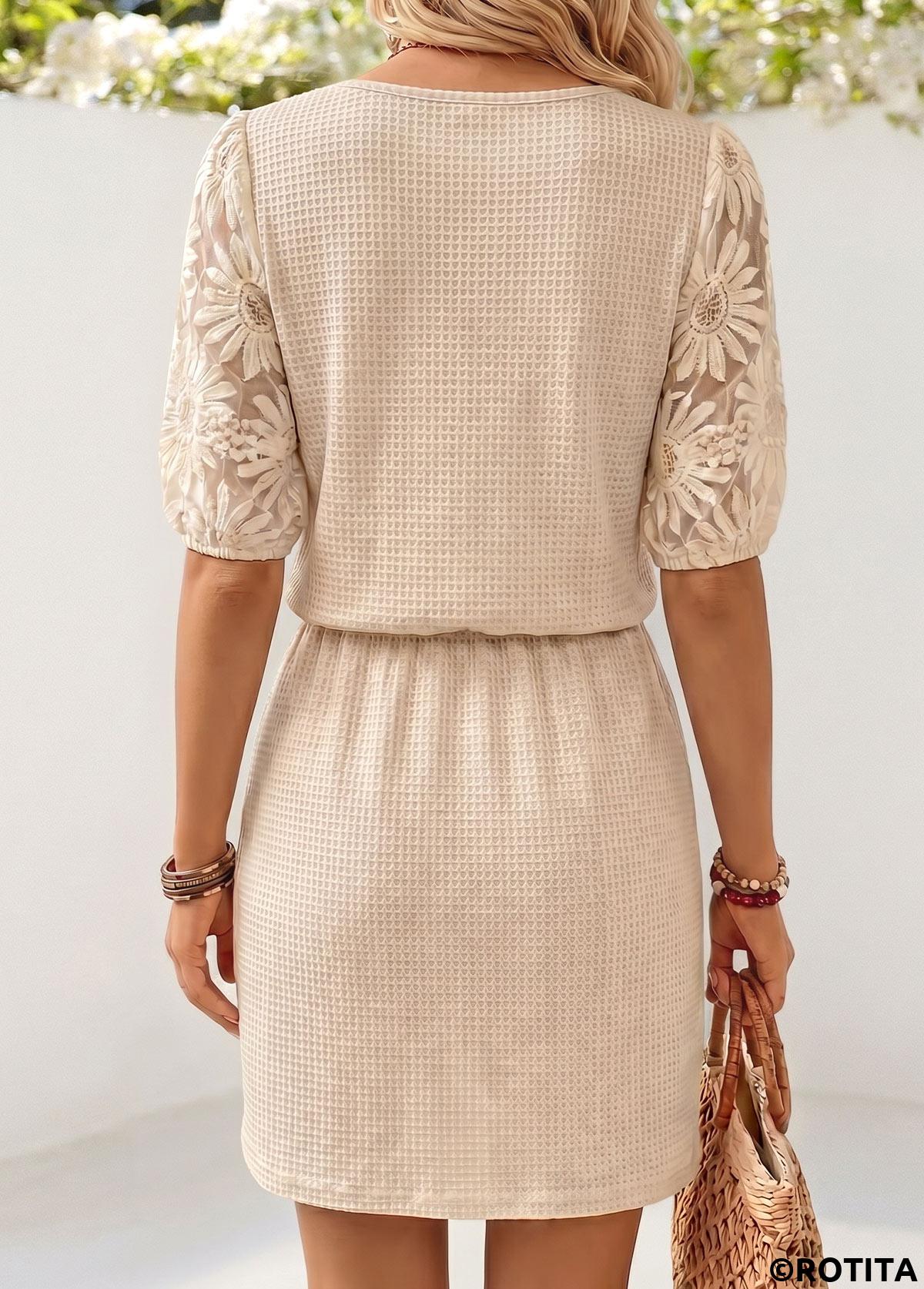 Beige dresses,Plain Color dresses,Everyday dresses,Casual dresses,ROTITA Beige Short Round Neck Half Sleeve Dress