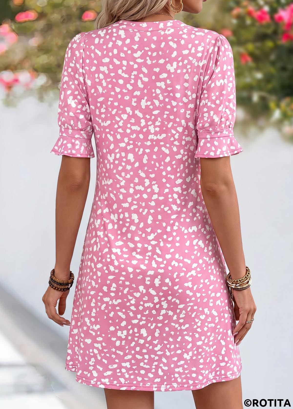 Pink dresses,Dot dresses,Everyday dresses,Casual dresses,ROTITA Pink Polka Dot Tummy Coverage Short Split Neck Dress