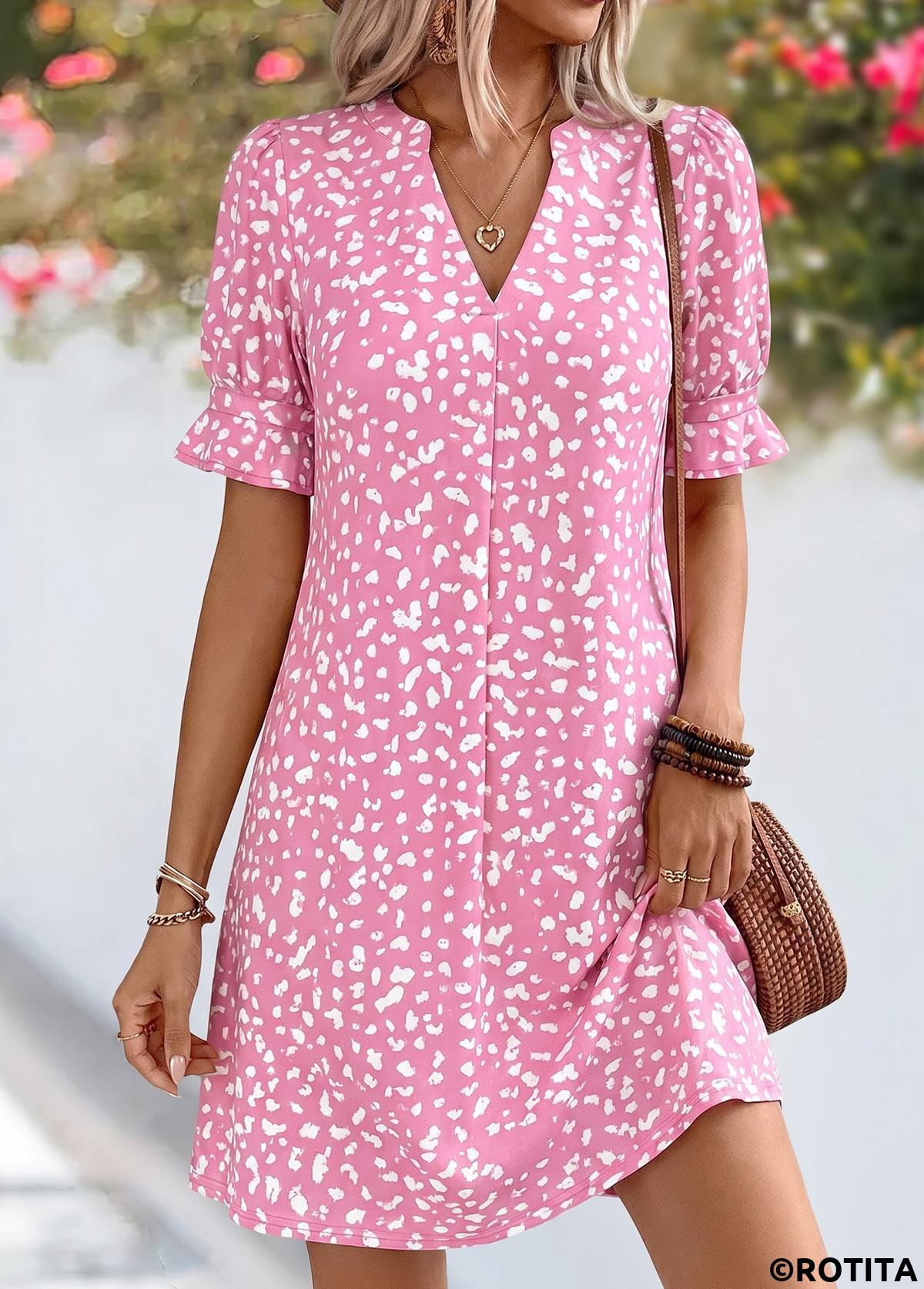 Pink dresses,Dot dresses,Everyday dresses,Casual dresses,ROTITA Pink Polka Dot Tummy Coverage Short Split Neck Dress