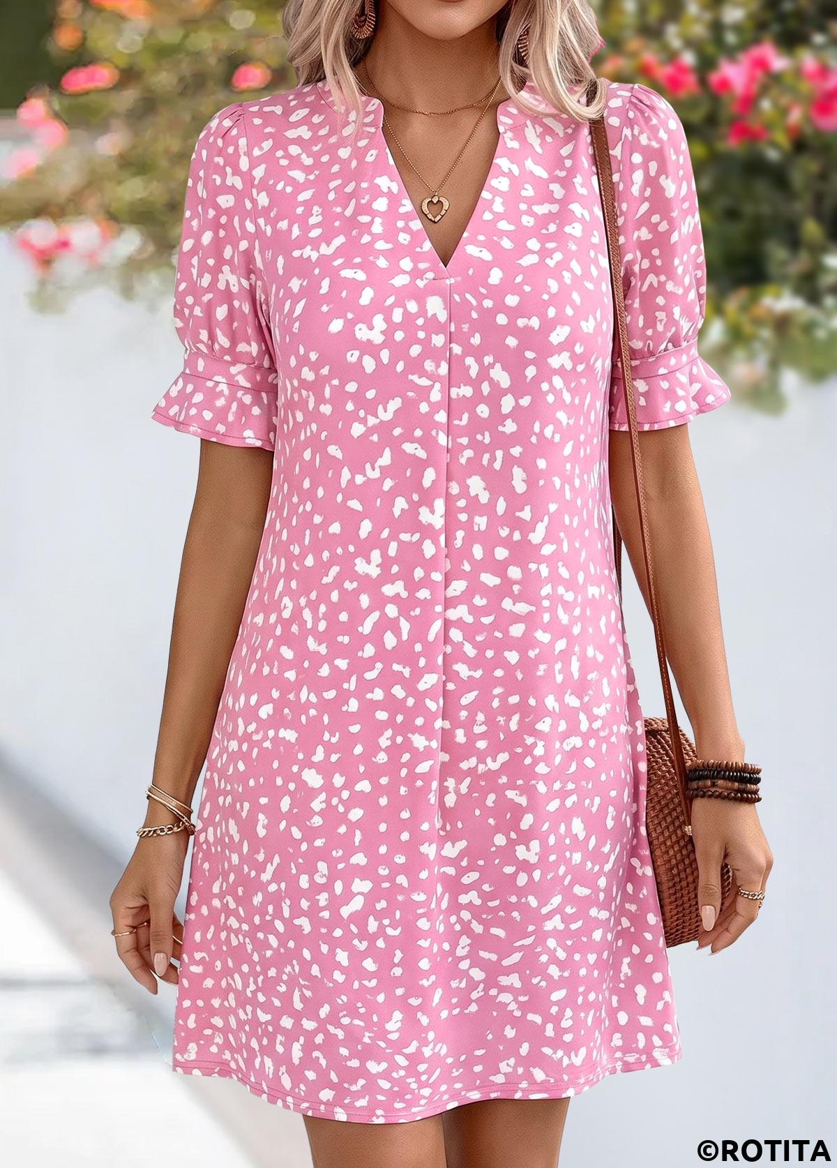 Pink dresses,Dot dresses,Everyday dresses,Casual dresses,ROTITA Pink Polka Dot Tummy Coverage Short Split Neck Dress