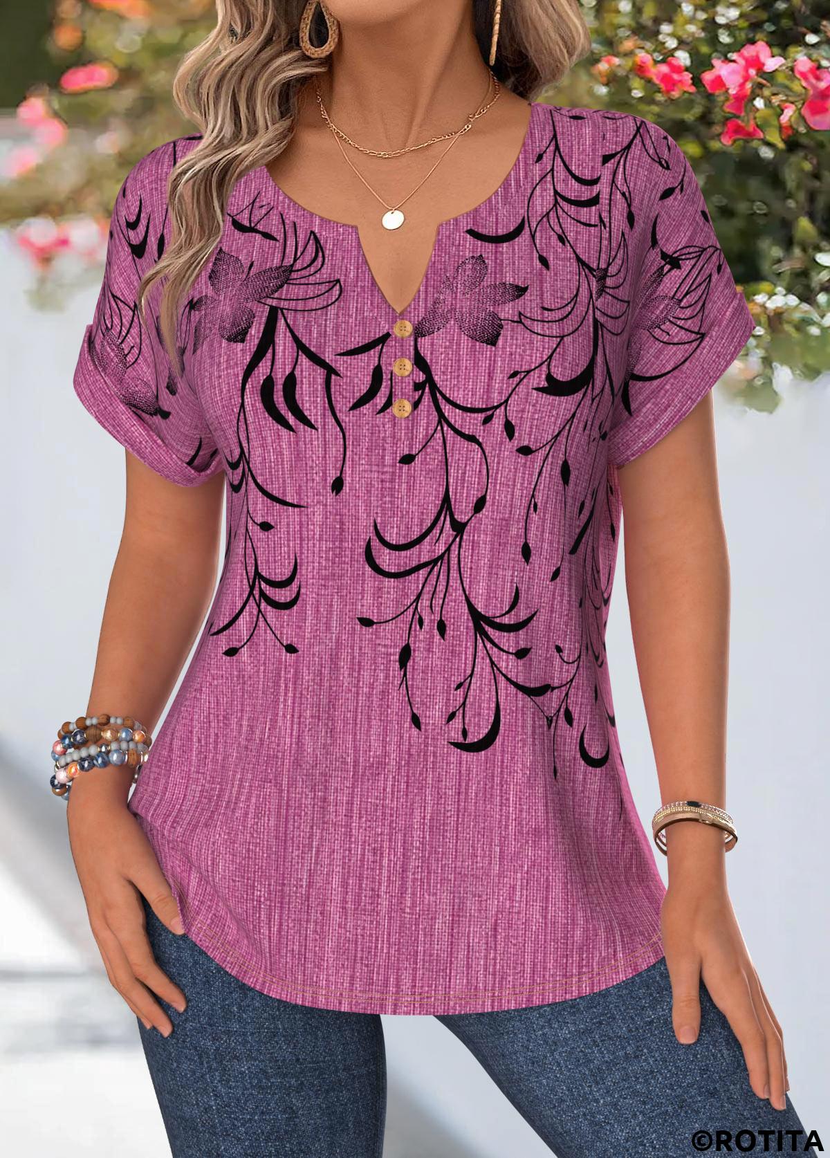 Violet tops,Floral tops,Plants tops,ROTITA Curved Hem Floral Print Violet Split Neck Blouse