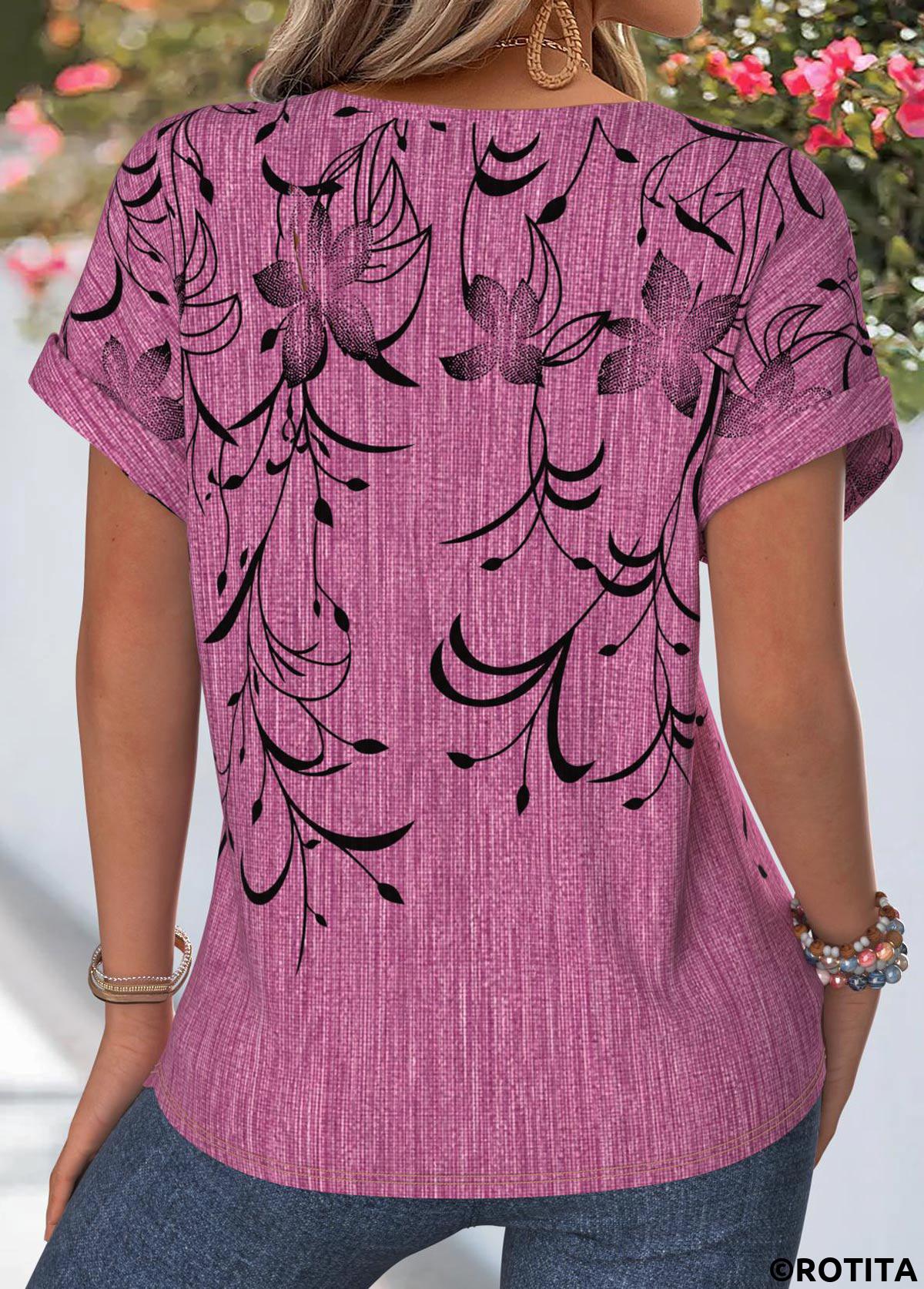 Violet tops,Floral tops,Plants tops,ROTITA Curved Hem Floral Print Violet Split Neck Blouse