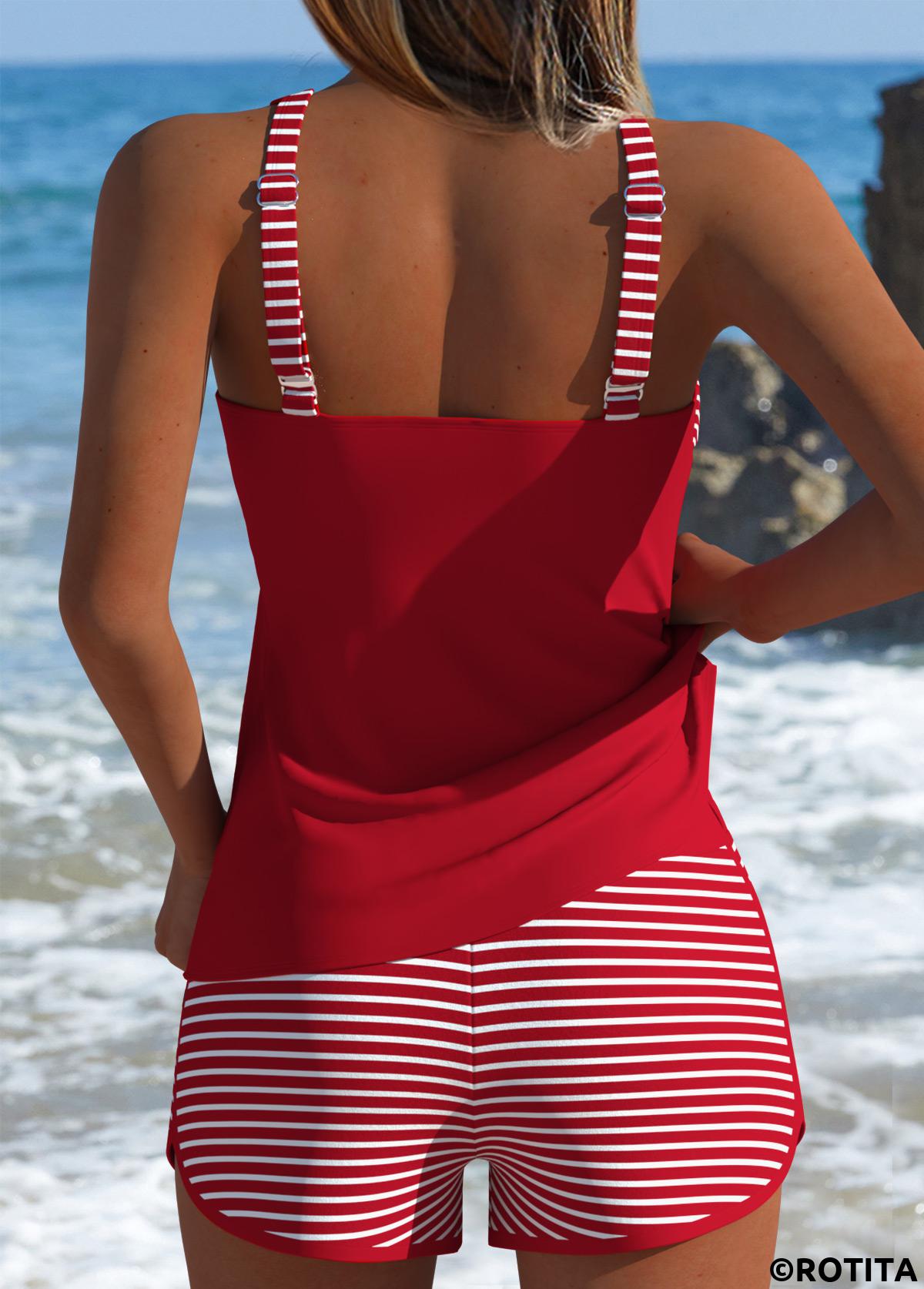 Red swimwear,Striped swimwear,Geometric swimwear,ROTITA Tummy Coverage Red Striped Mid Waisted Tankini Set