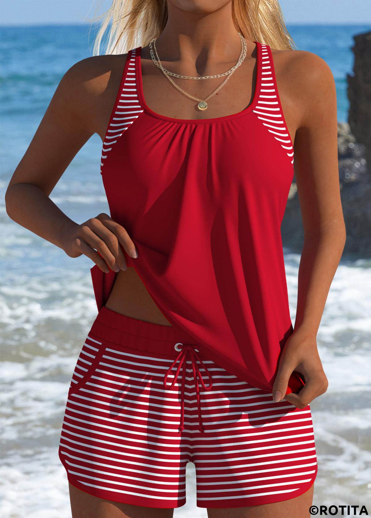 Red swimwear,Striped swimwear,Geometric swimwear,ROTITA Tummy Coverage Red Striped Mid Waisted Tankini Set