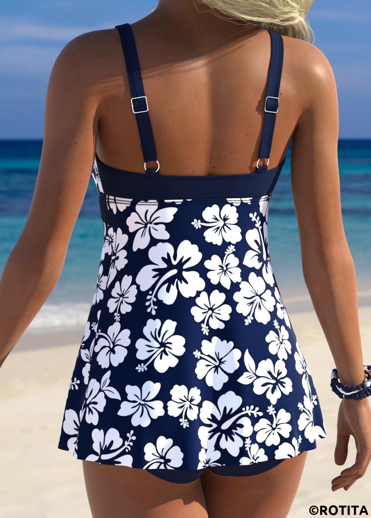 Navy swimwear,Floral swimwear,Plants swimwear,ROTITA Navy Tummy Coverage Floral Print Mid Waisted Tankini Set