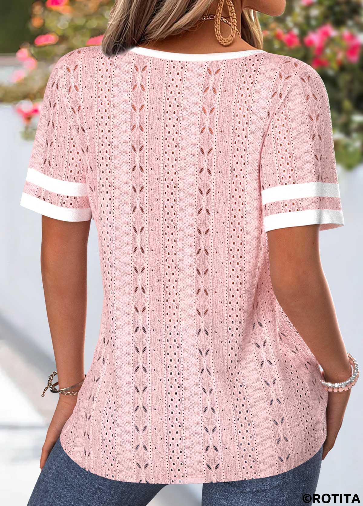 Light Pink tops,Contrast Color tops,ROTITA Patchwork Light Pink Split Neck Short Sleeve T Shirt