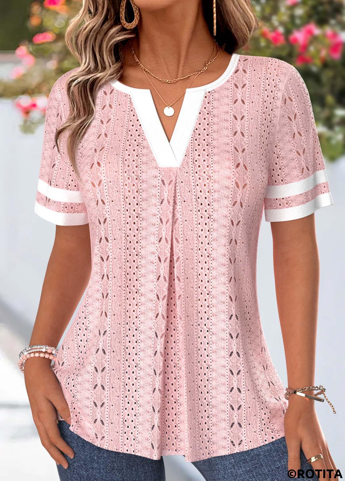 Light Pink tops,Contrast Color tops,ROTITA Patchwork Light Pink Split Neck Short Sleeve T Shirt