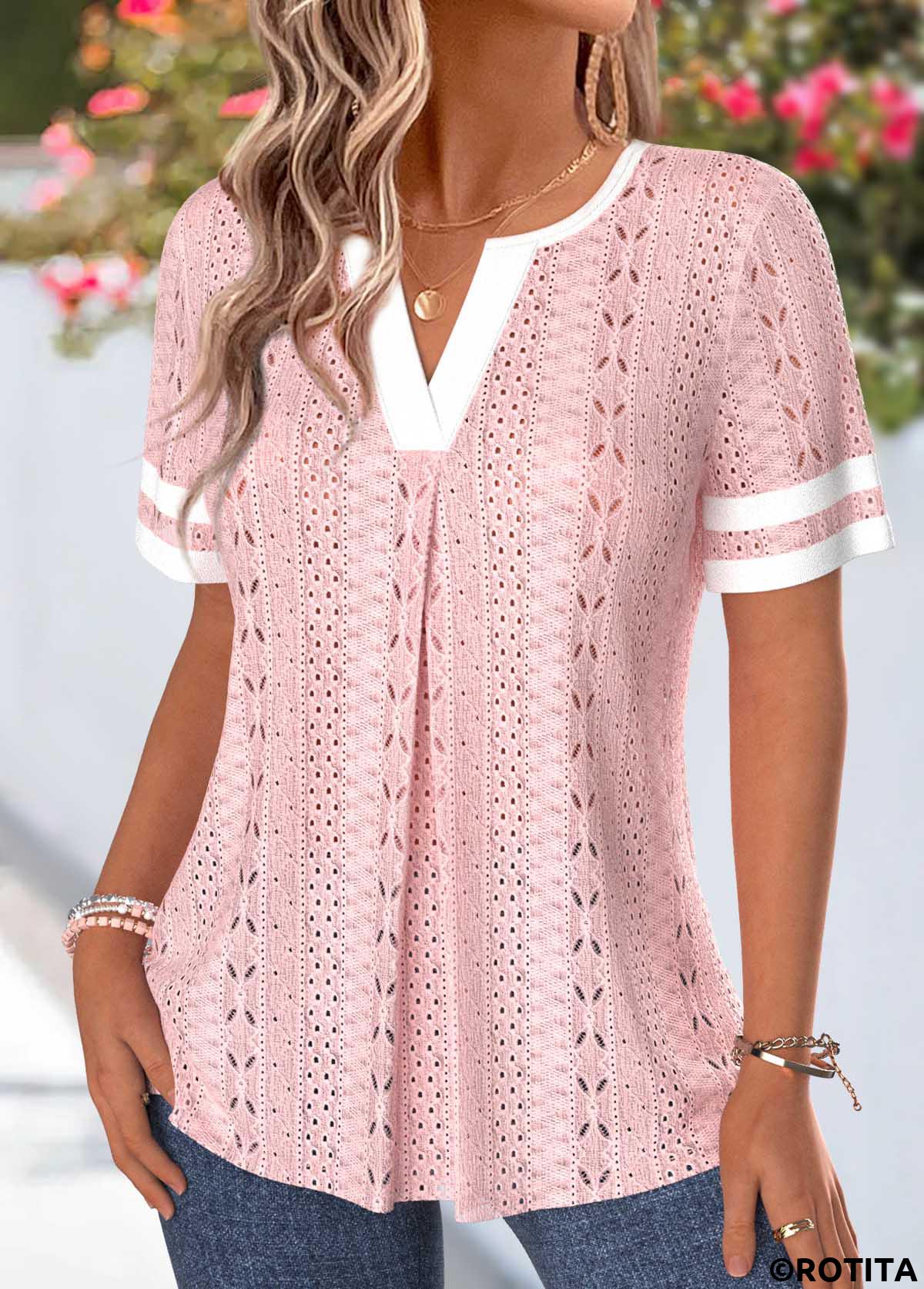 Light Pink tops,Contrast Color tops,ROTITA Patchwork Light Pink Split Neck Short Sleeve T Shirt