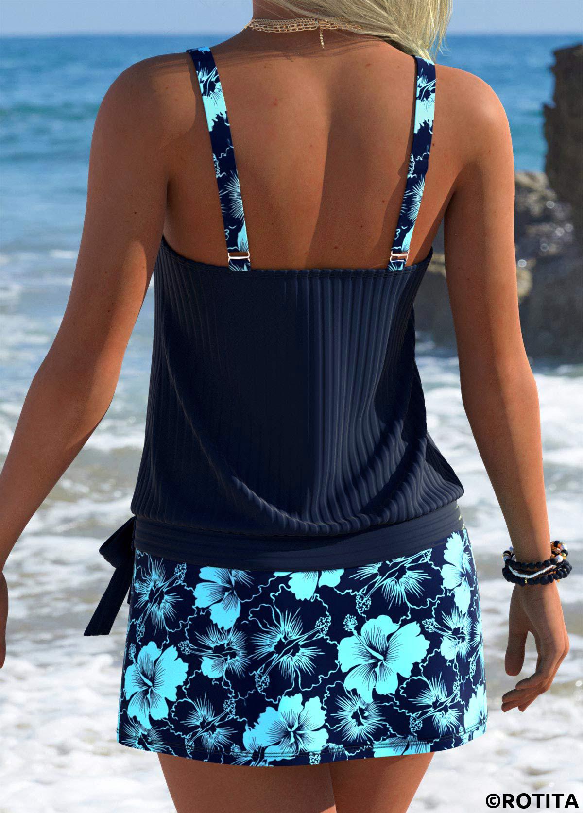 Navy swimwear,Floral swimwear,Plants swimwear,ROTITA Navy Blouson Floral Print Mid Waisted Tankini Set