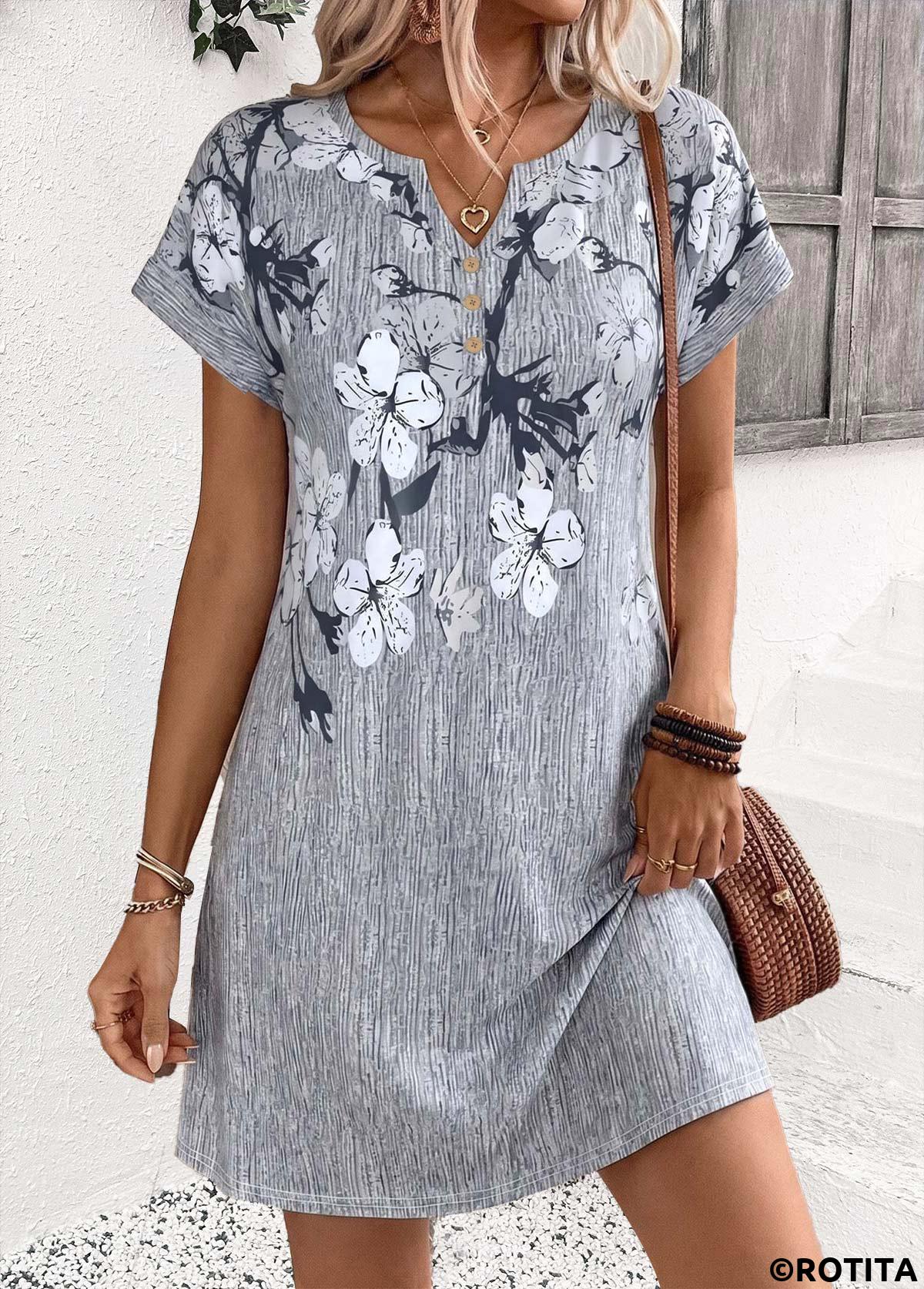 Grey dresses,Floral dresses,Plants dresses,Everyday dresses,Casual dresses,ROTITA Grey Floral Print Tummy Coverage Short Split Neck Dress
