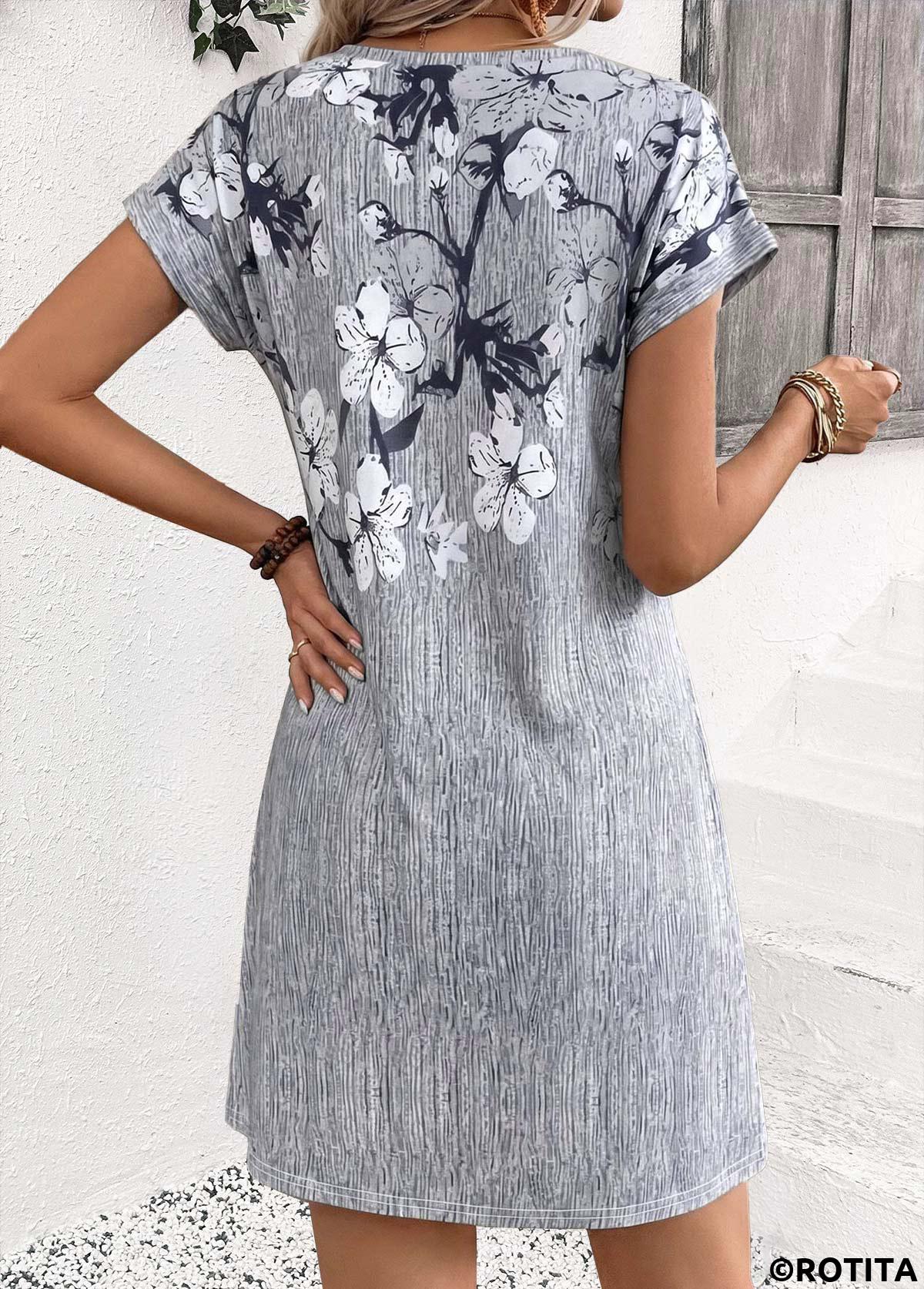 Grey dresses,Floral dresses,Plants dresses,Everyday dresses,Casual dresses,ROTITA Grey Floral Print Tummy Coverage Short Split Neck Dress
