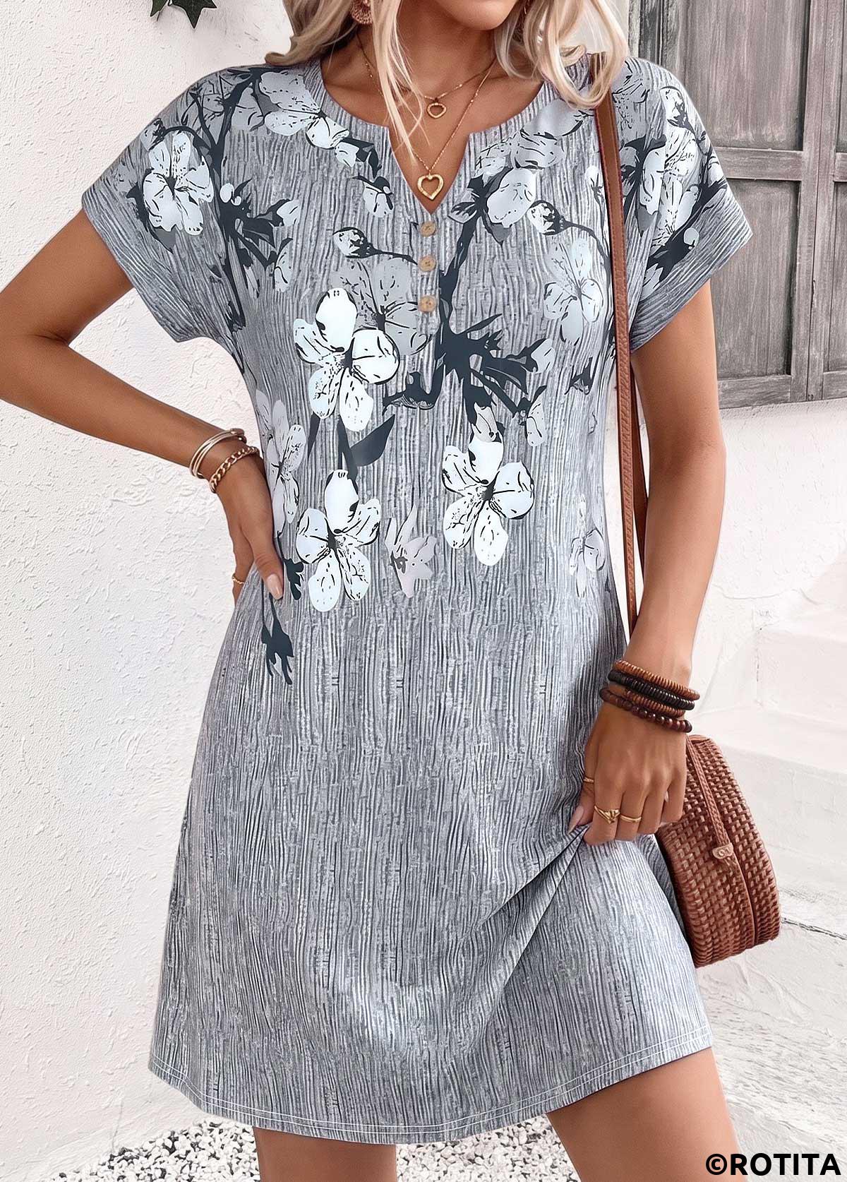 Grey dresses,Floral dresses,Plants dresses,Everyday dresses,Casual dresses,ROTITA Grey Floral Print Tummy Coverage Short Split Neck Dress
