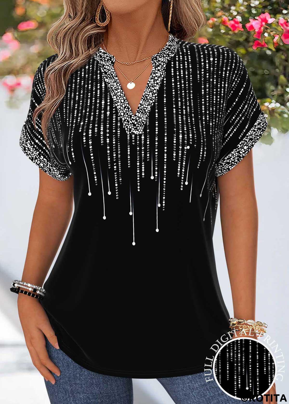 Black tops,Ombre tops,ROTITA Tummy Coverage Ombre Black Split Neck Short Sleeve Blouse
