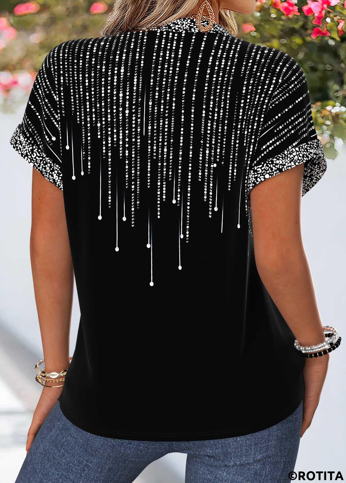 Black tops,Ombre tops,ROTITA Tummy Coverage Ombre Black Split Neck Short Sleeve Blouse