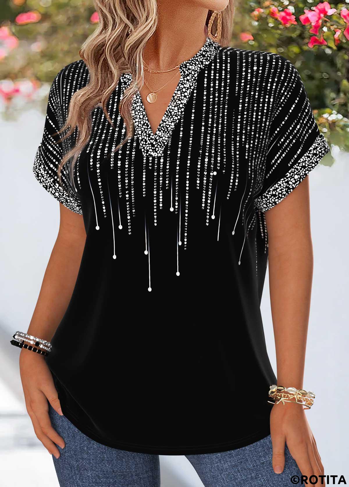 Black tops,Ombre tops,ROTITA Tummy Coverage Ombre Black Split Neck Short Sleeve Blouse