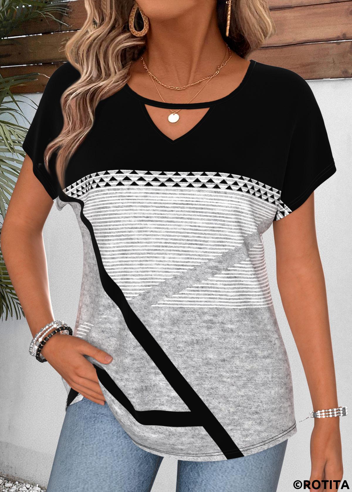 Black tops,Geometric tops,ROTITA Geometric Print Black Round Neck Short Sleeve T Shirt