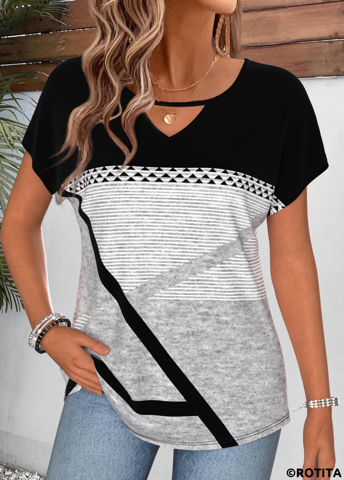 Black tops,Geometric tops,ROTITA Geometric Print Black Round Neck Short Sleeve T Shirt