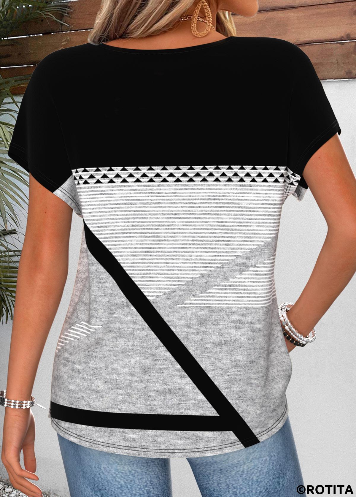 Black tops,Geometric tops,ROTITA Geometric Print Black Round Neck Short Sleeve T Shirt