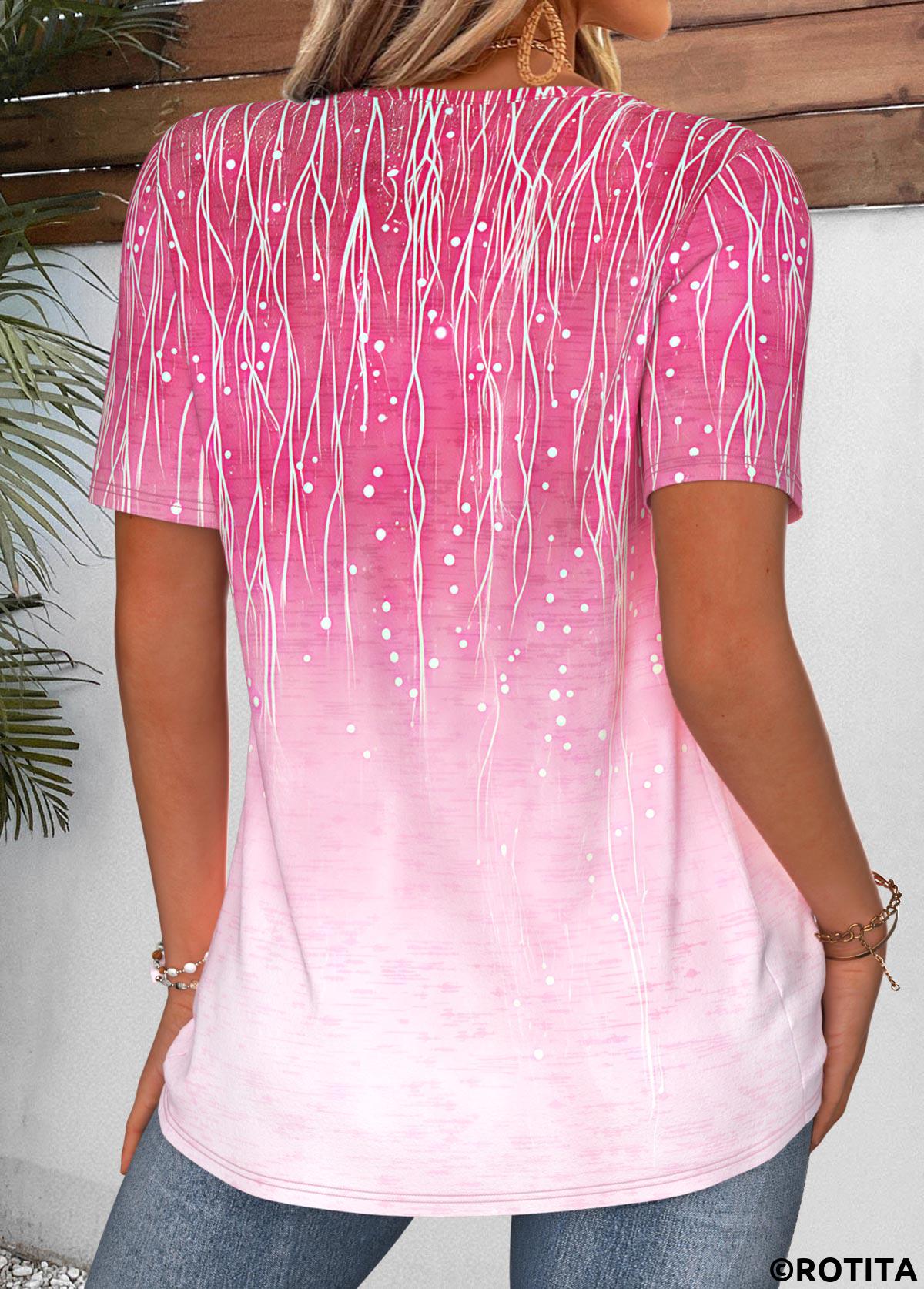 Hot Pink tops,Ombre tops,ROTITA Curved Hem Ombre Hot Pink Split Neck T Shirt