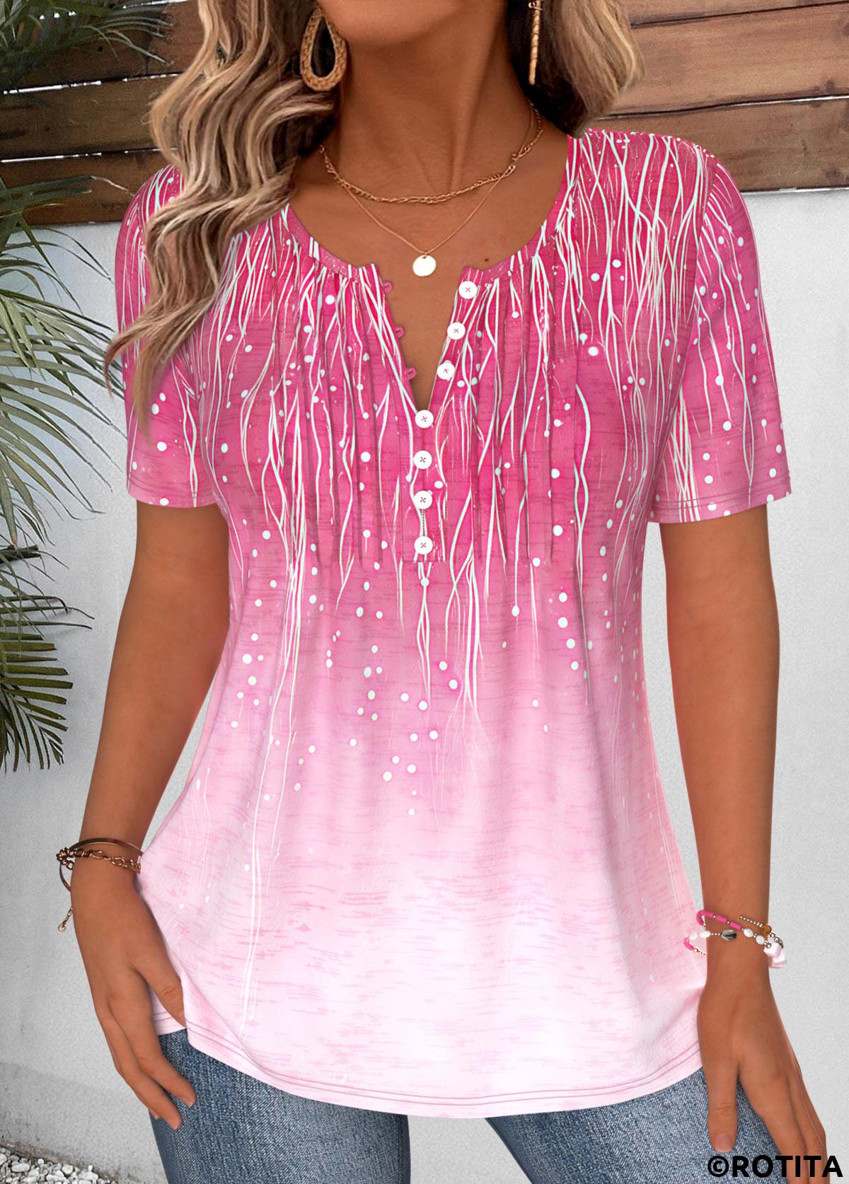 Hot Pink tops,Ombre tops,ROTITA Curved Hem Ombre Hot Pink Split Neck T Shirt